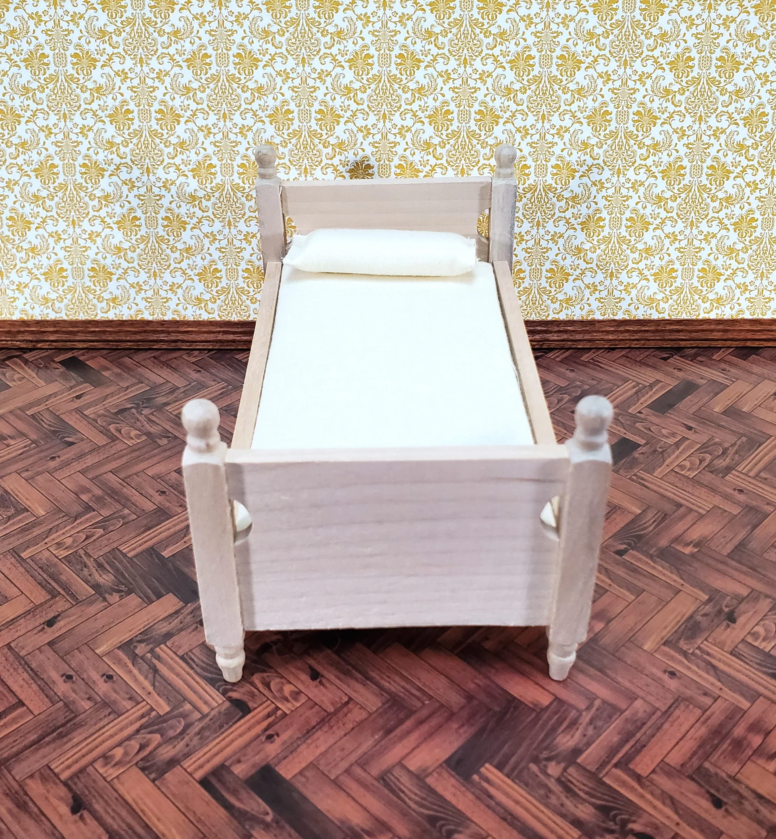 Dollhouse Bed Twin Size with Mattress Unpainted Wood 1:12 Scale Miniature Bedroom Furniture - Image 3