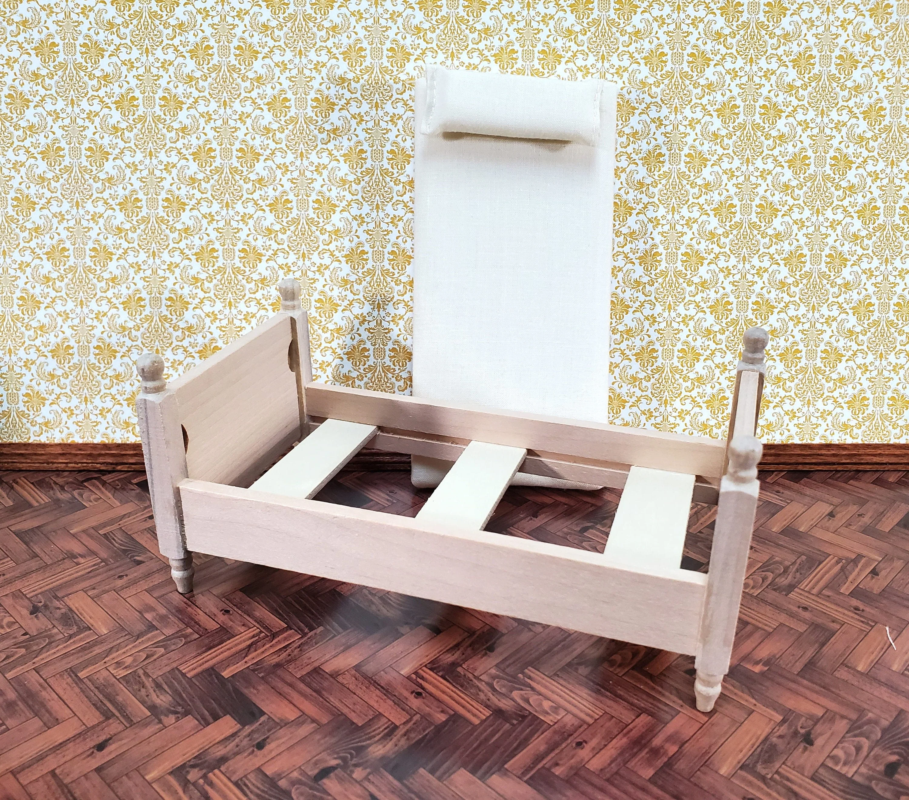 Dollhouse Bed Twin Size with Mattress Unpainted Wood 1:12 Scale Miniature Bedroom Furniture - Image 4