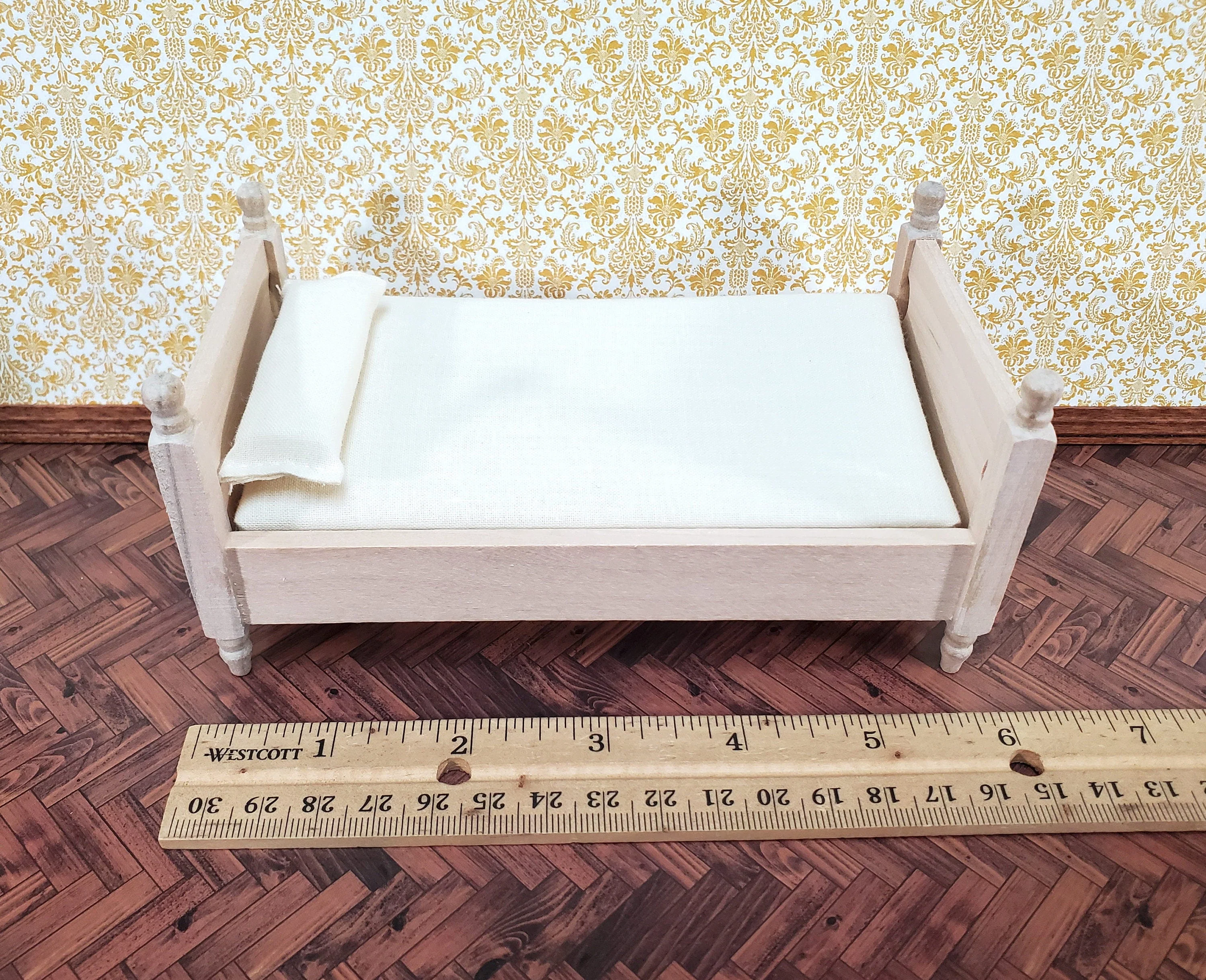 Dollhouse Bed Twin Size with Mattress Unpainted Wood 1:12 Scale Miniature Bedroom Furniture - Image 5