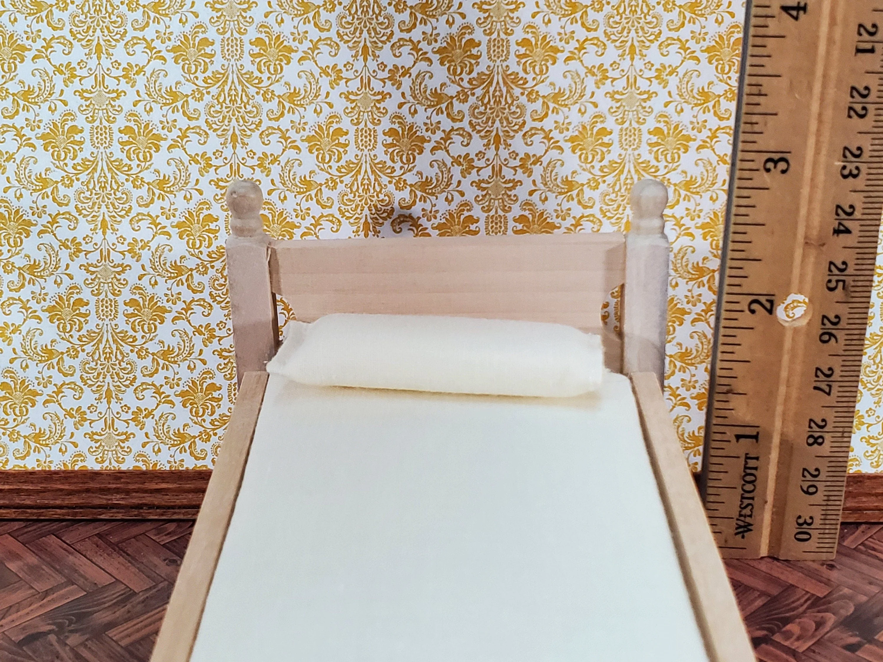 Dollhouse Bed Twin Size with Mattress Unpainted Wood 1:12 Scale Miniature Bedroom Furniture - Image 6