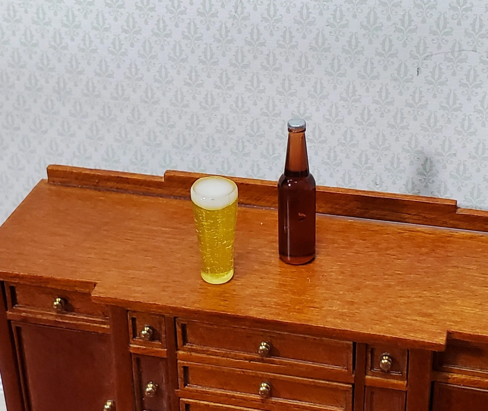Dollhouse Beer Bottle Brown Ale and Filled Glass Foamy Head Large Miniatures Food