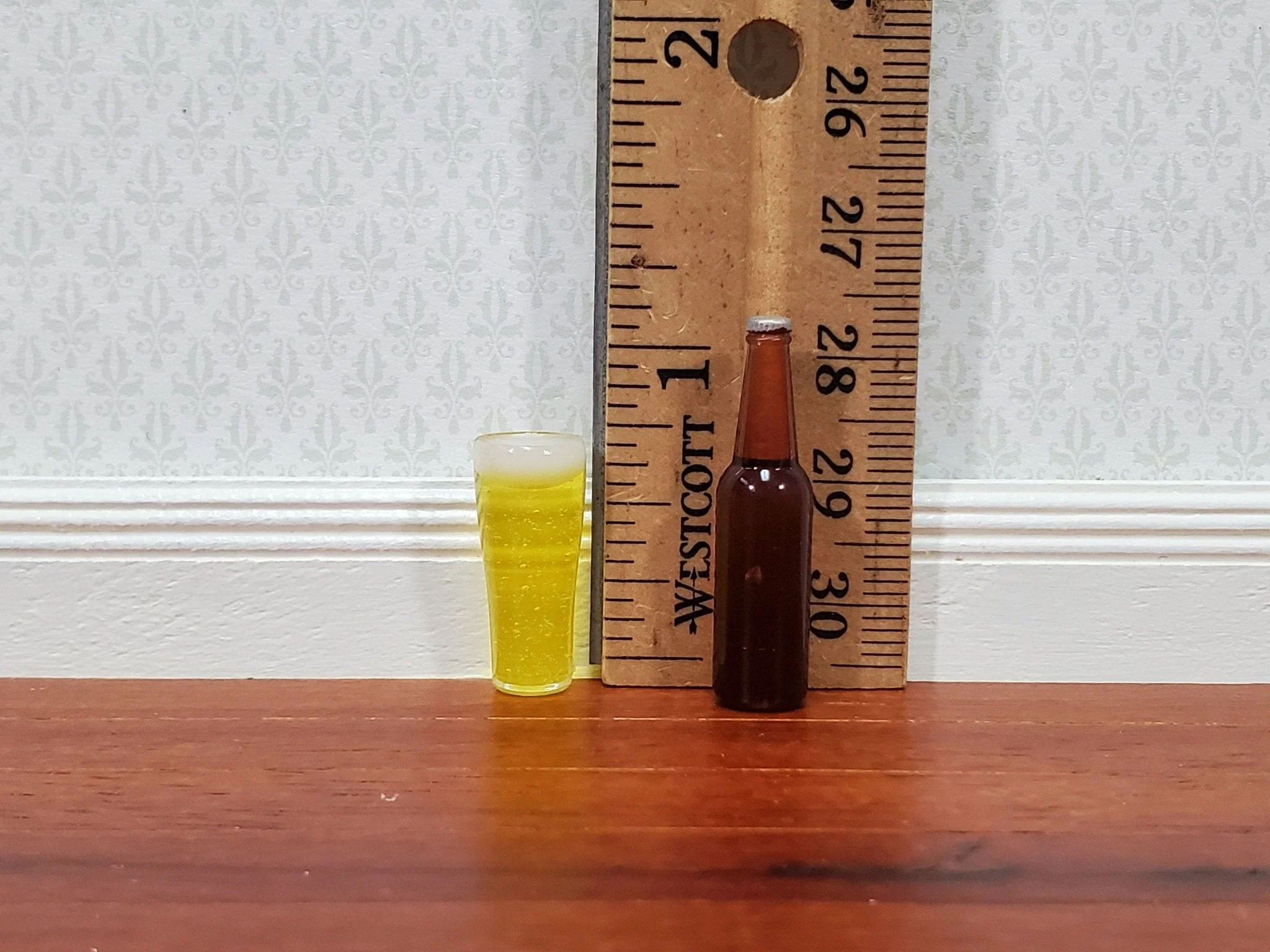 Dollhouse Beer Bottle Brown Ale and Filled Glass Foamy Head Large Miniatures Food - Image 2