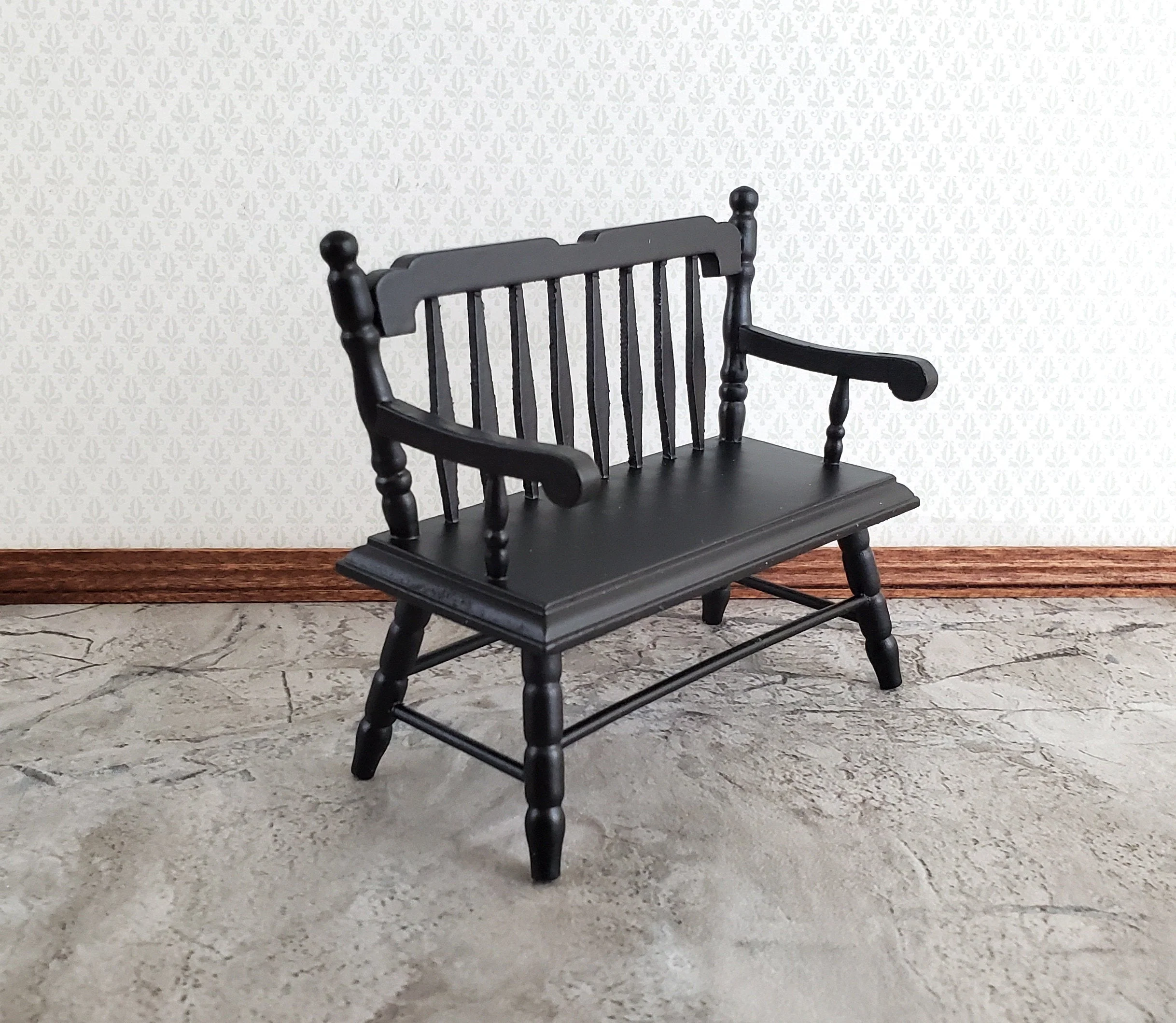 Dollhouse Bench Deacon Style Black Wood 1:12 Scale Miniature Furniture - Image 2