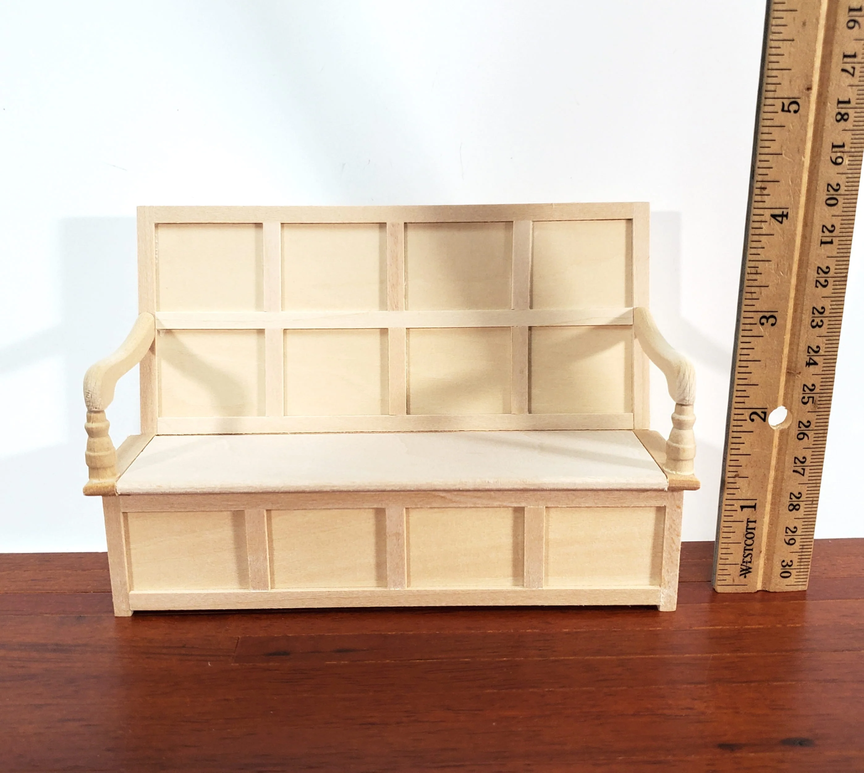 Dollhouse Bench Tudor Gothic Style with High Back Unpainted Wood Open Seat 1:12 Scale Furniture - Image 5