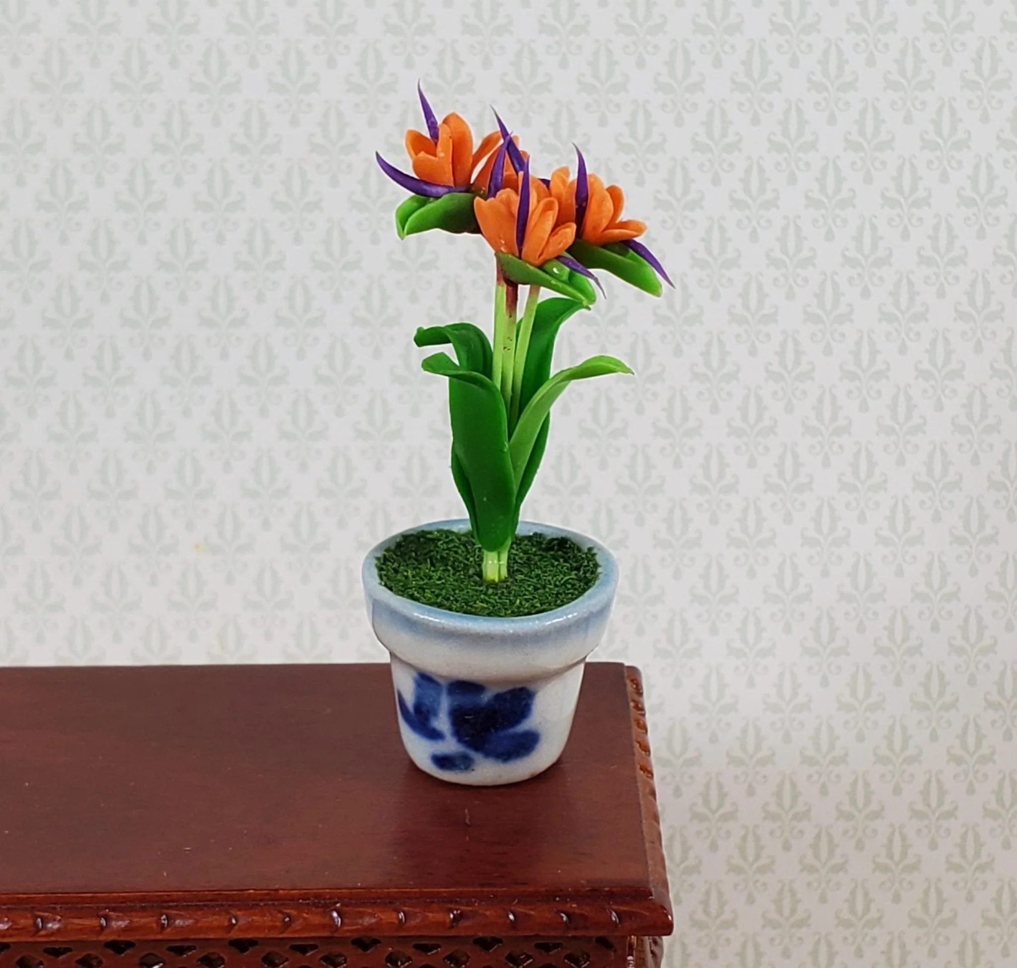 Dollhouse Bird of Paradise Flowers Blue & White Ceramic Pot 1:12 Scale Miniature
