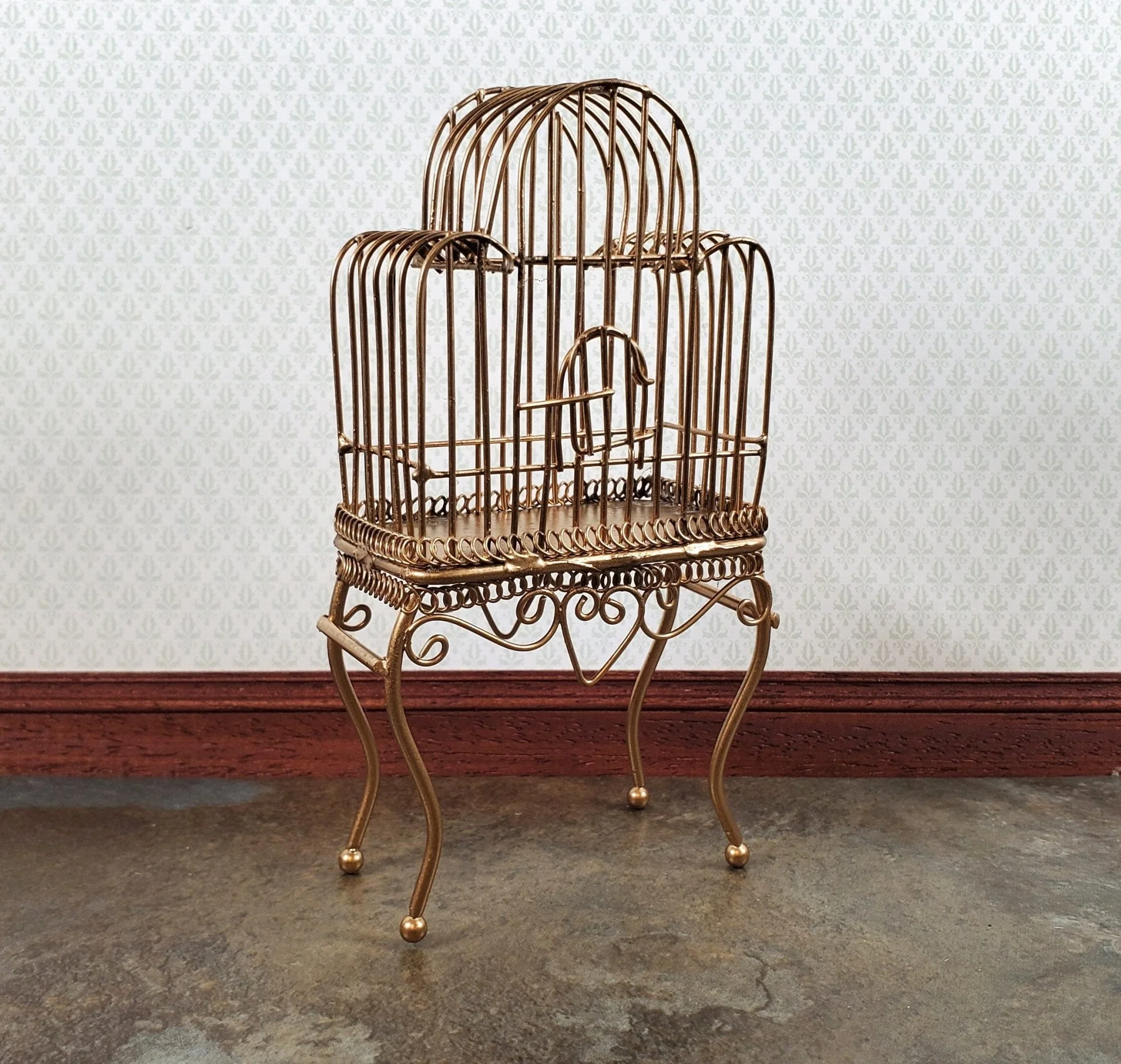 Dollhouse Birdcage Tall Standing Gold Metal Large 1:12 Scale Miniature Accessory