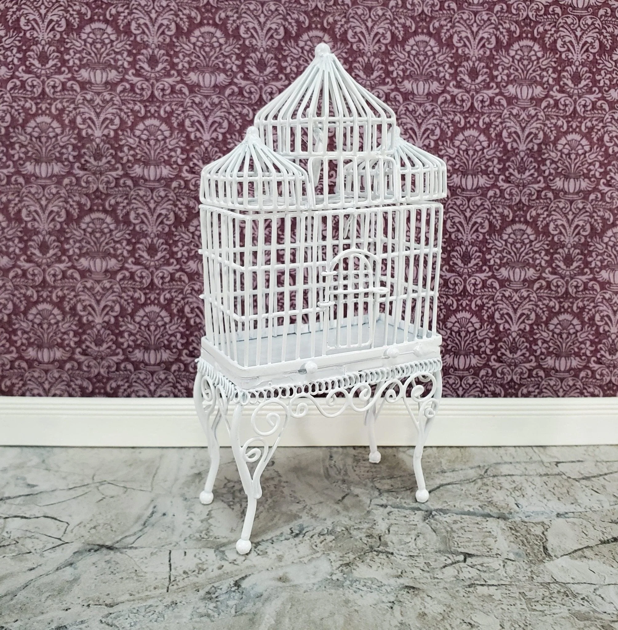 Dollhouse Birdcage Tall White Standing Metal Large Opening Door 1:12 Scale Miniature