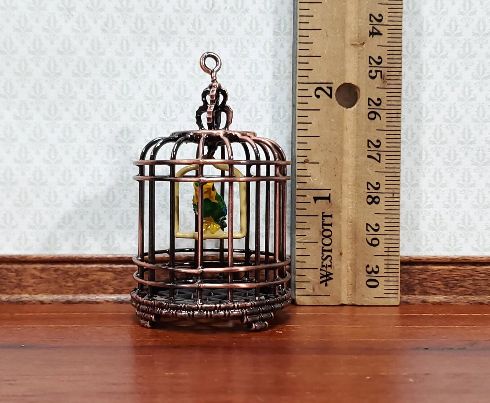 Dollhouse Birdcage with Parrot or Parakeet Bird Bronze Metal Cage Miniature - Image 4