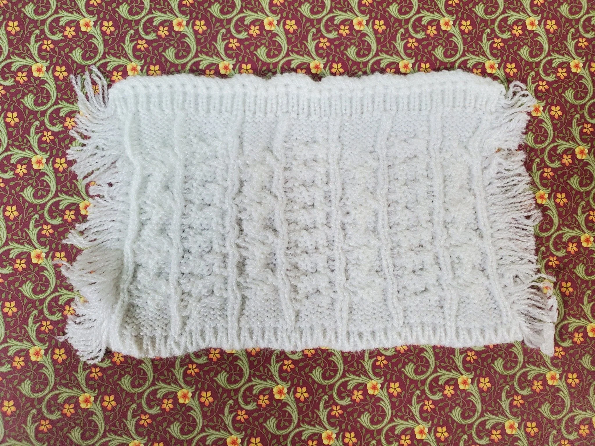 Dollhouse Blanket Cable Knit Throw or Bedspread White Miniature 7 1/2" x 3 3/4"