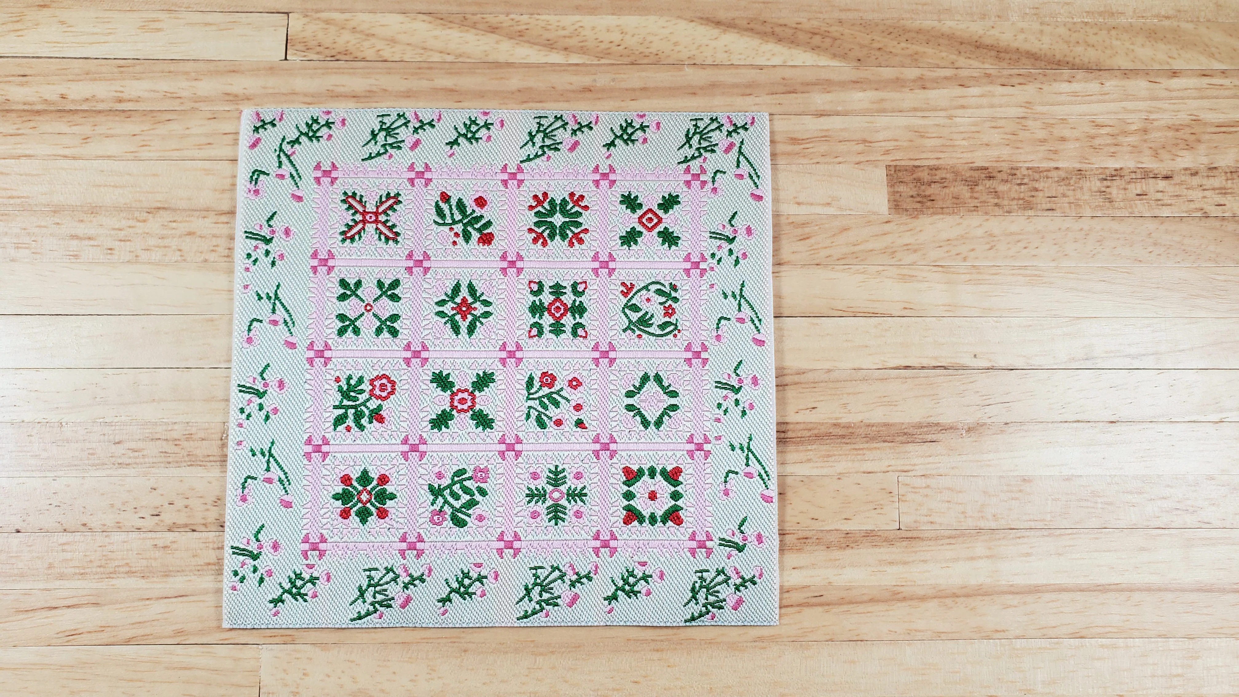 Dollhouse Blanket or Rug Carpet Pink Beige Green Woven Fabric 1:12 Scale Miniature