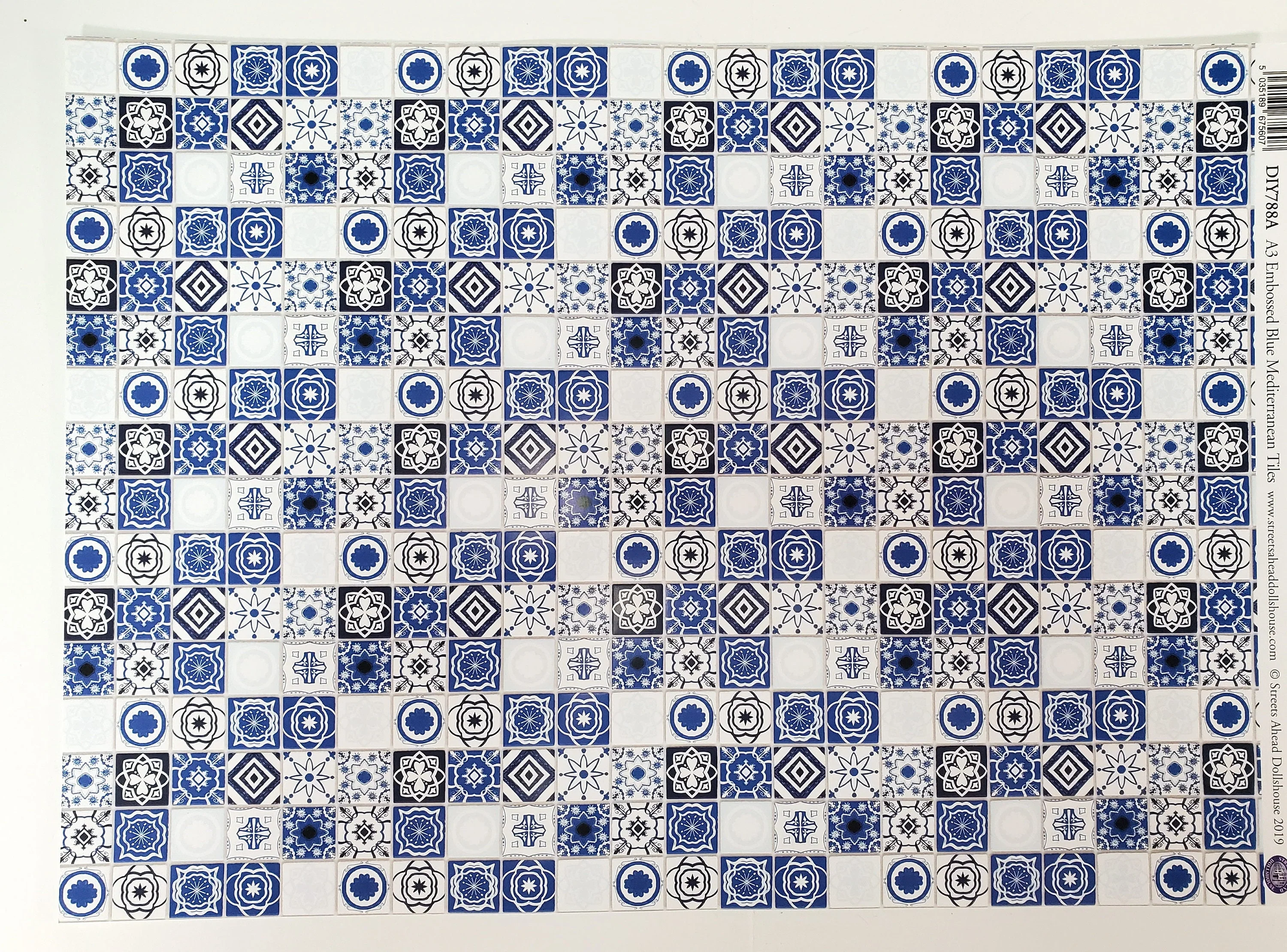 Dollhouse Blue and White Tile Square Mediterranean Style Embossed Card Miniature Flooring