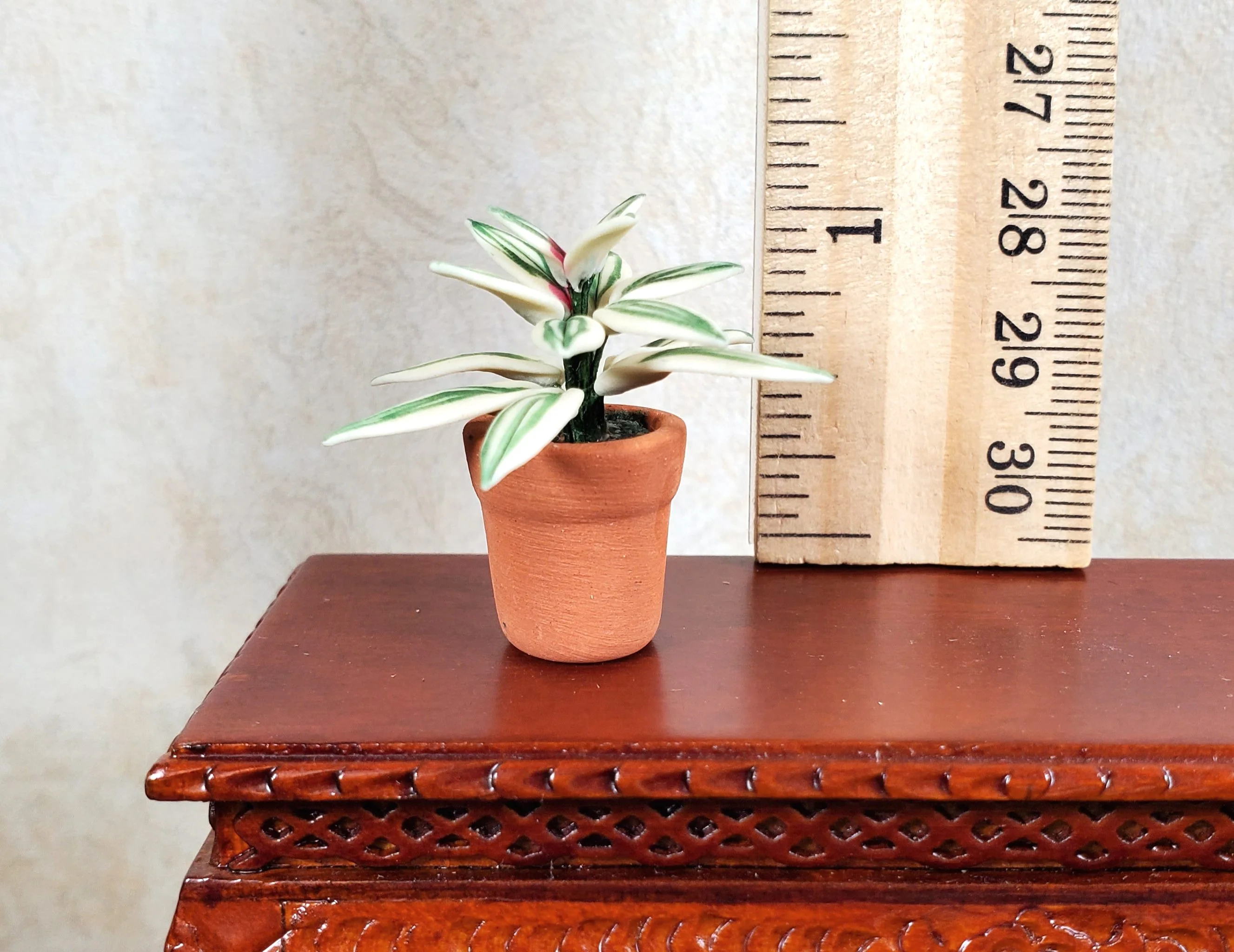 Dollhouse Blushing Bromeliad Variegated Plant in Terra Cotta Pot 1:12 Scale - Image 2
