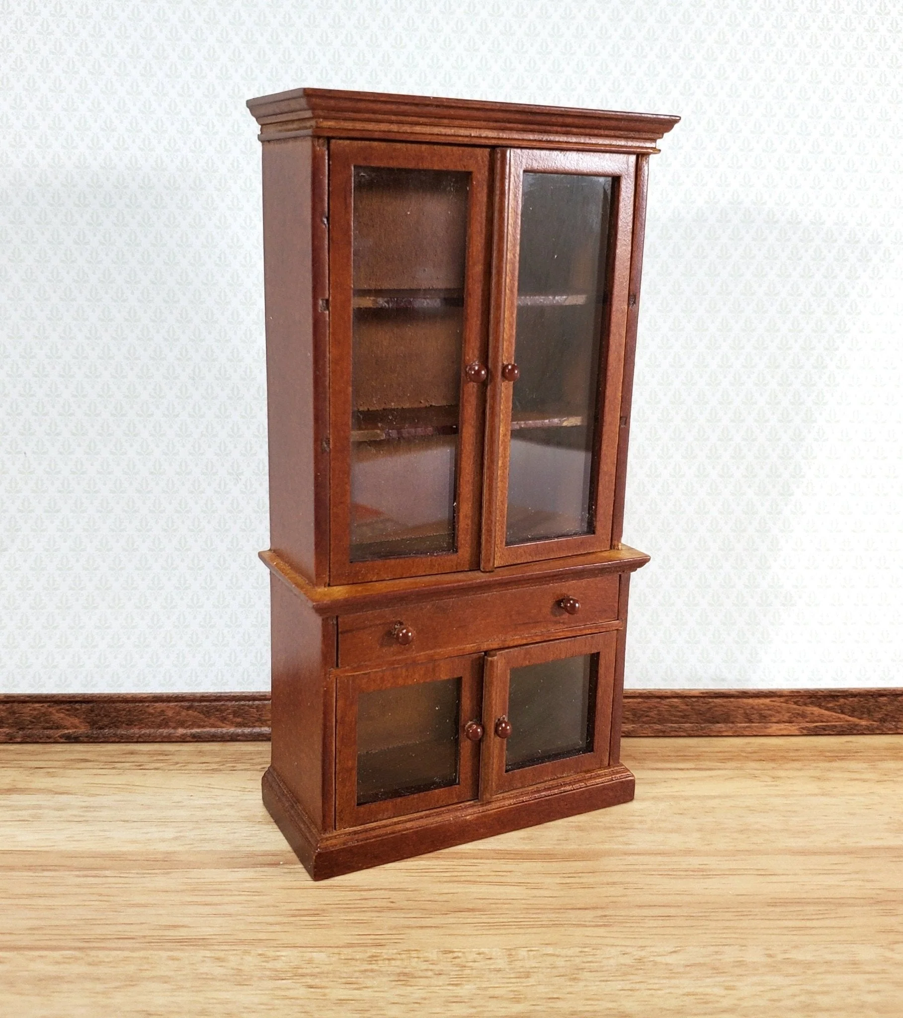 Dollhouse Bookcase Display Cabinet Hutch with Doors Walnut Finish 1:12 Scale Furniture