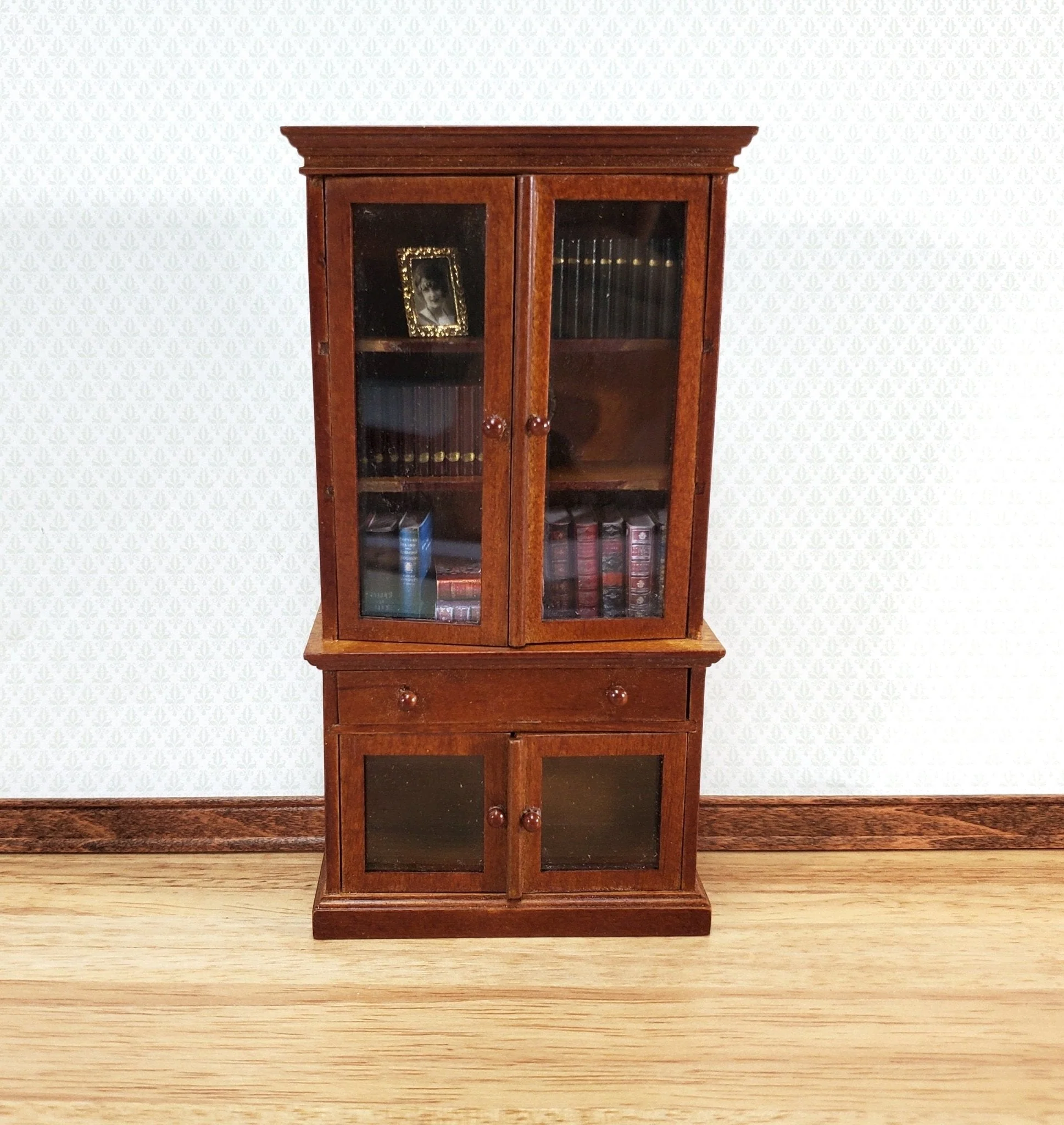 Dollhouse Bookcase Display Cabinet Hutch with Doors Walnut Finish 1:12 Scale Furniture - Image 6