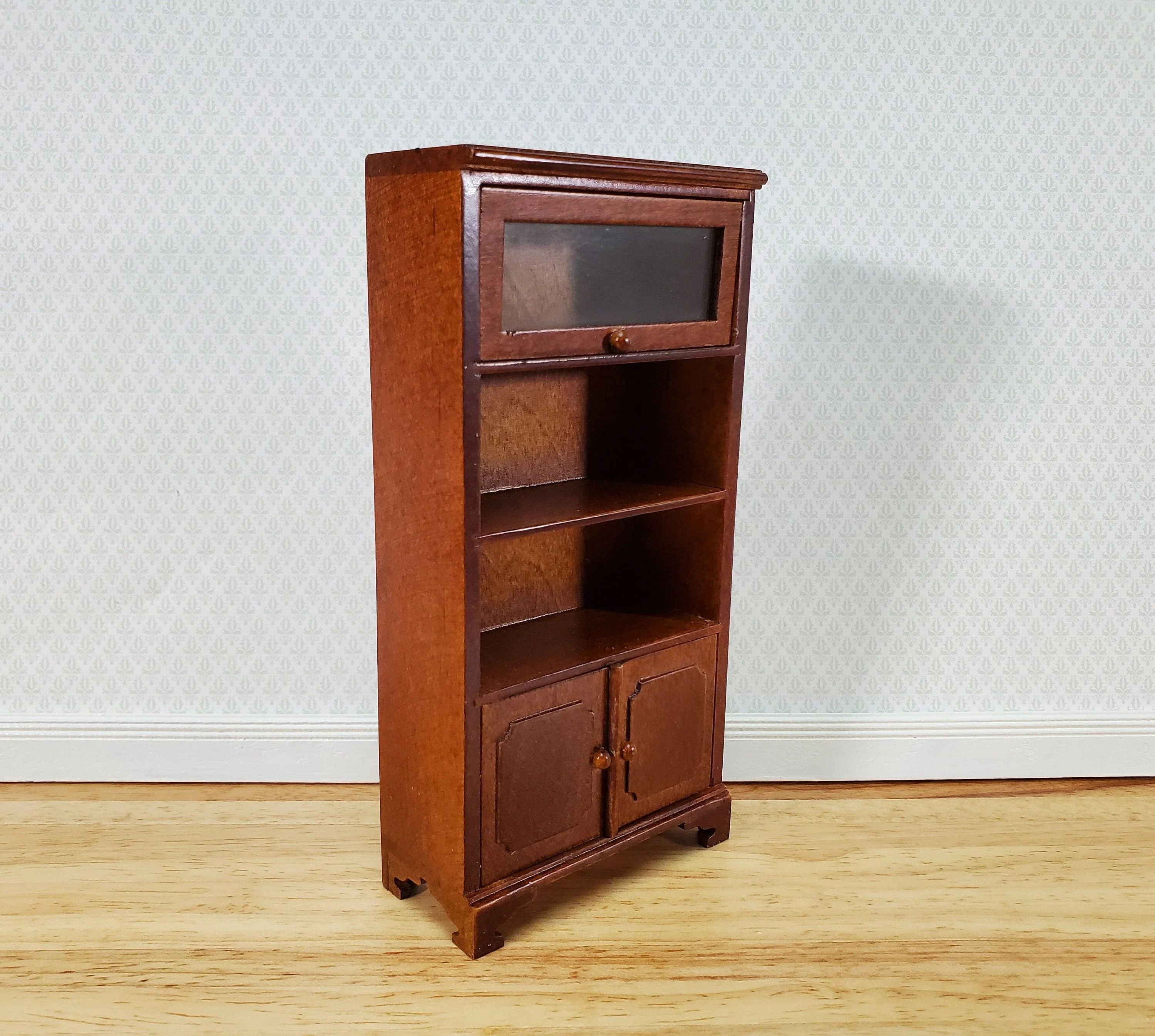 Dollhouse Bookcase Lift Up Door Walnut Finish 1:12 Scale Miniature Furniture Bookshelf