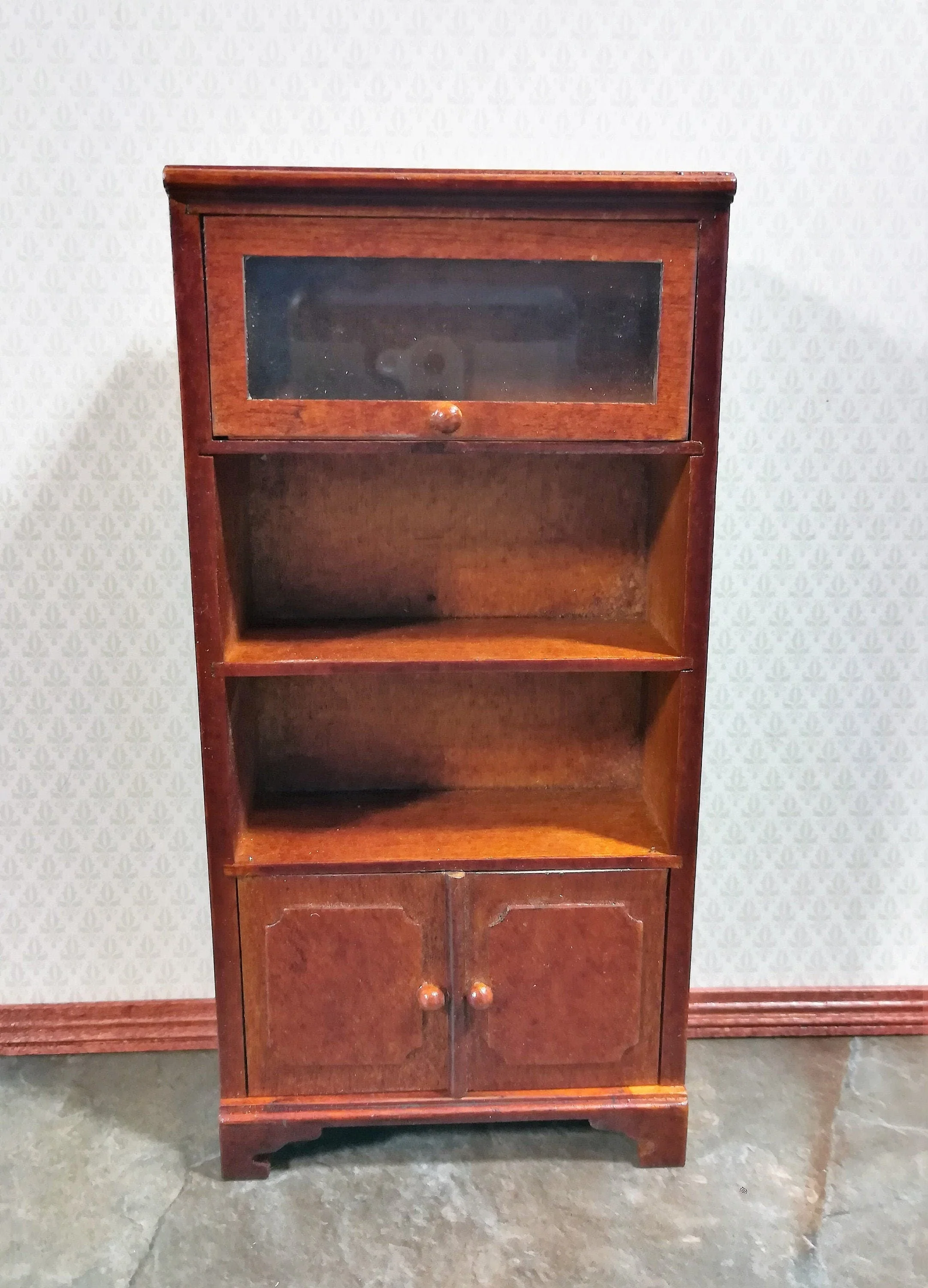 Dollhouse Bookcase Lift Up Door Walnut Finish 1:12 Scale Miniature Furniture Bookshelf - Image 2