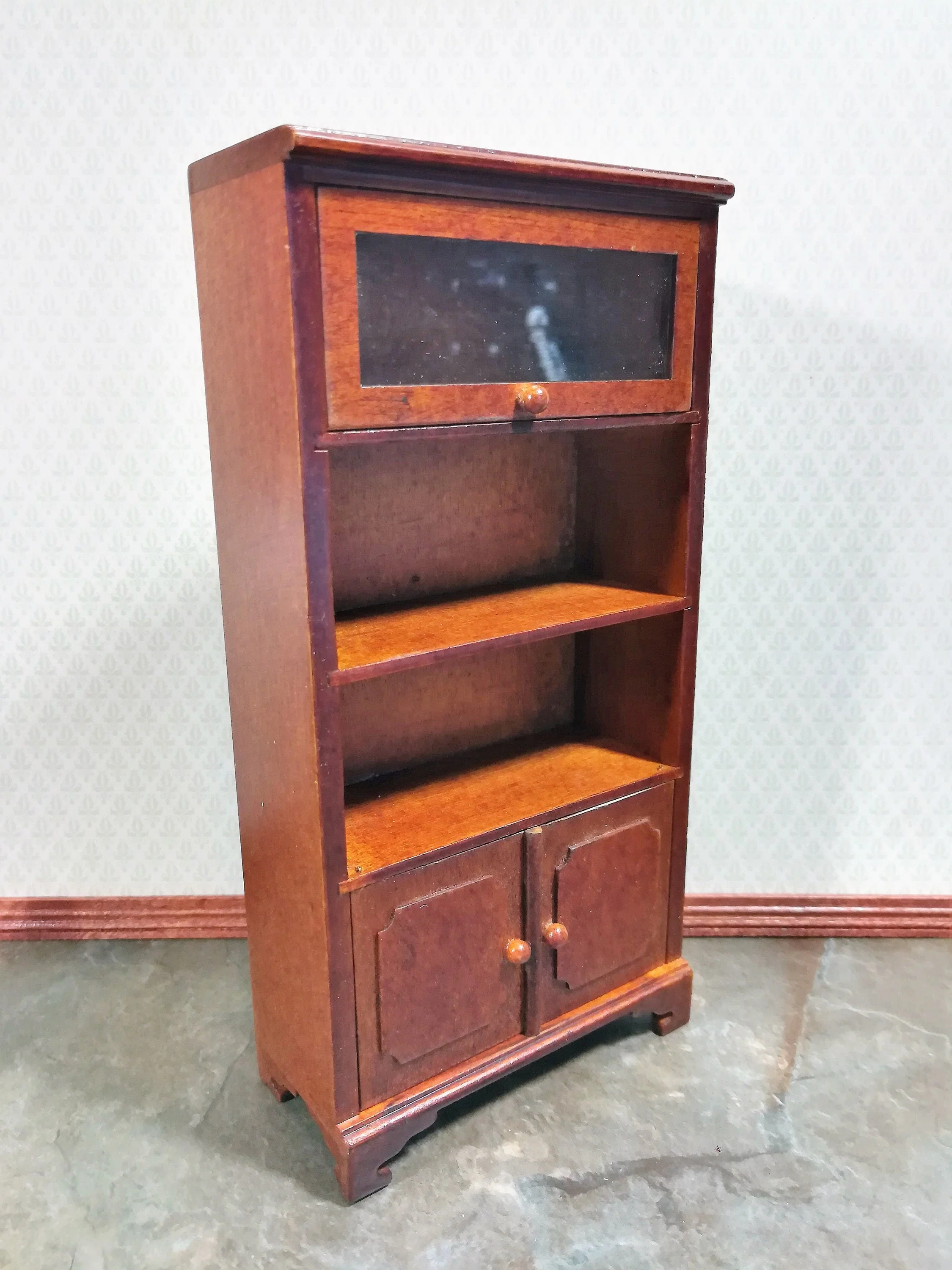 Dollhouse Bookcase Lift Up Door Walnut Finish 1:12 Scale Miniature Furniture Bookshelf - Image 3