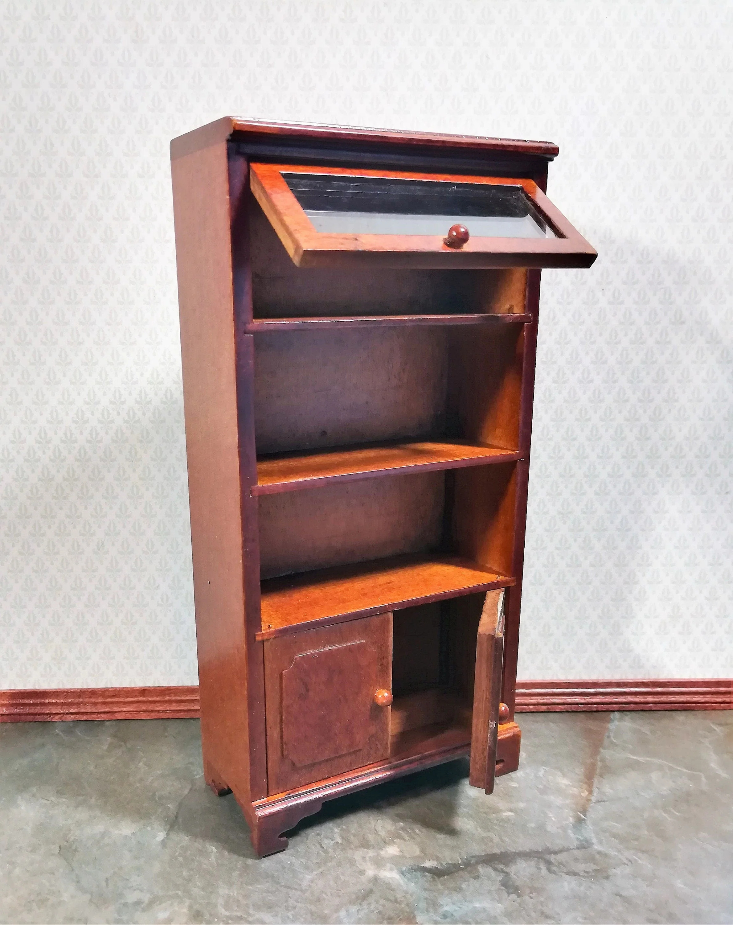Dollhouse Bookcase Lift Up Door Walnut Finish 1:12 Scale Miniature Furniture Bookshelf - Image 4