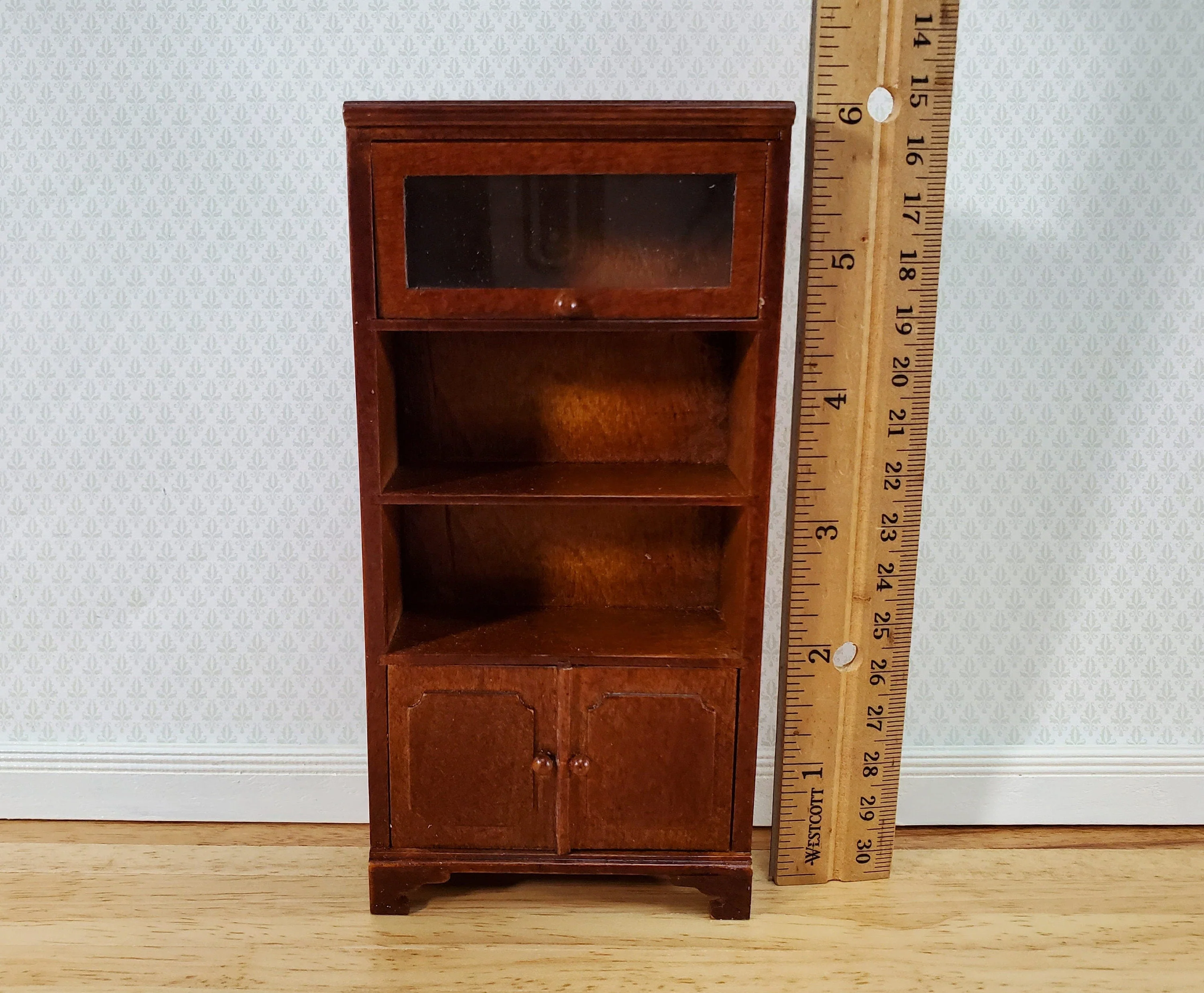 Dollhouse Bookcase Lift Up Door Walnut Finish 1:12 Scale Miniature Furniture Bookshelf - Image 5