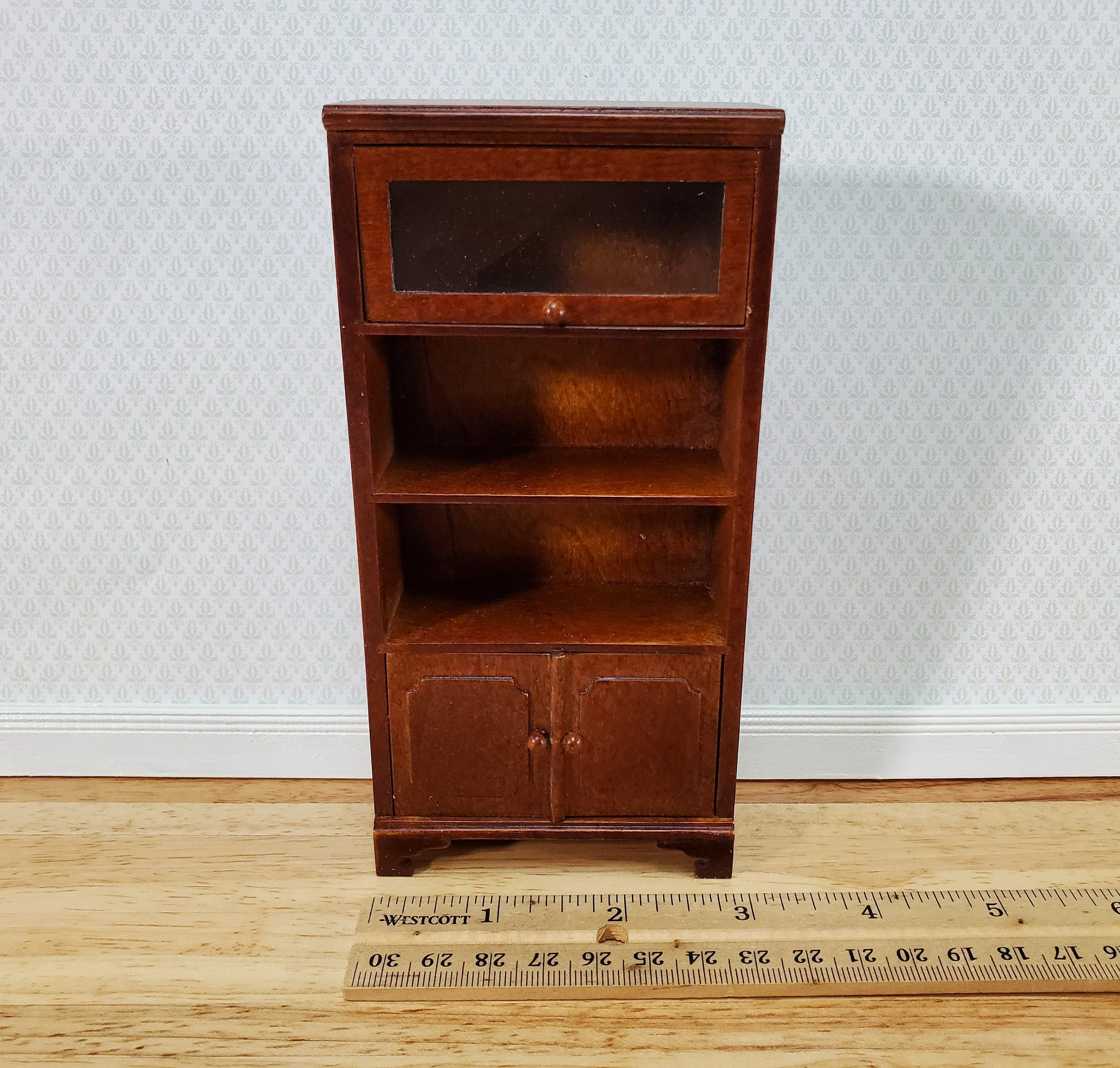 Dollhouse Bookcase Lift Up Door Walnut Finish 1:12 Scale Miniature Furniture Bookshelf - Image 6