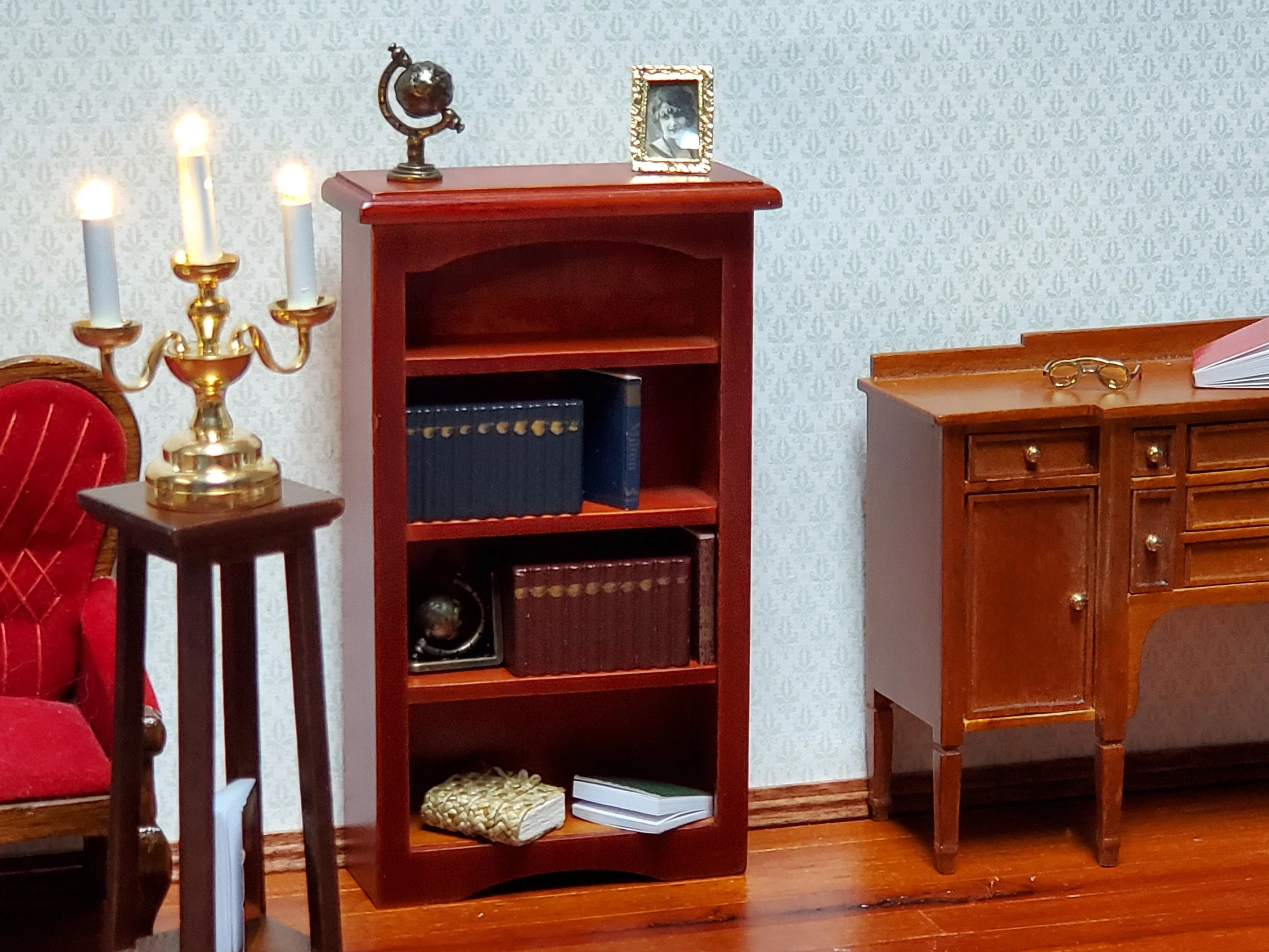 Dollhouse Bookcase Small Wood Mahogany Finish 1:12 Scale Furniture Shelves - Image 3