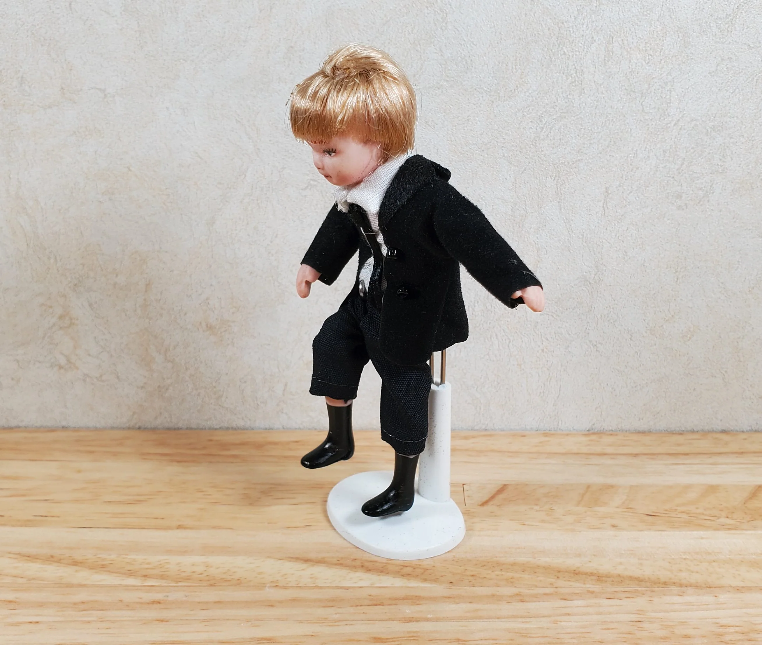 Dollhouse Boy in Black Suit & Tie Son Doll Porcelain Semi-Poseable 1:12 Scale - Image 2
