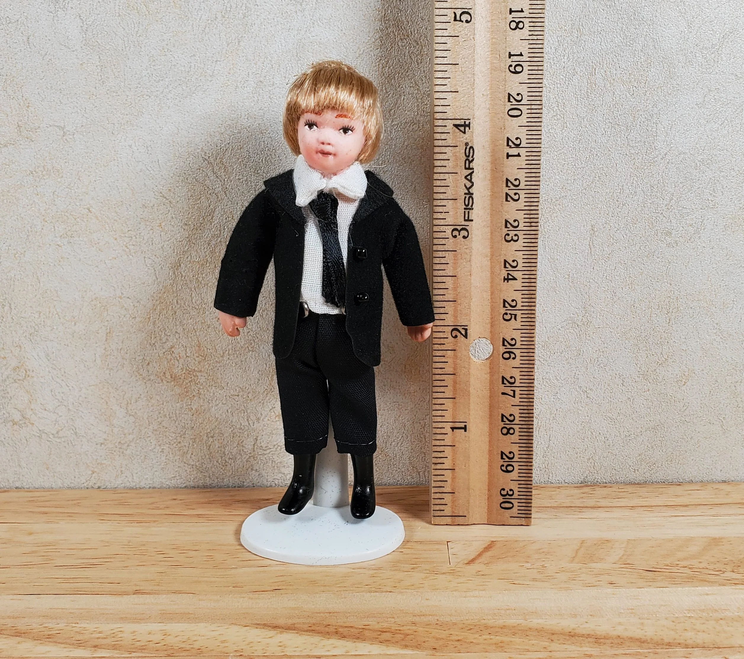 Dollhouse Boy in Black Suit & Tie Son Doll Porcelain Semi-Poseable 1:12 Scale - Image 4