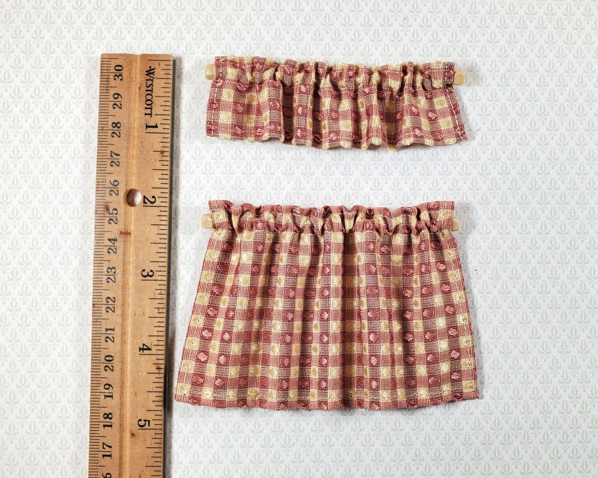 Dollhouse Cafe Curtains Maroon and Beige with Curtain Rod 1:12 Scale Handmade - Image 3