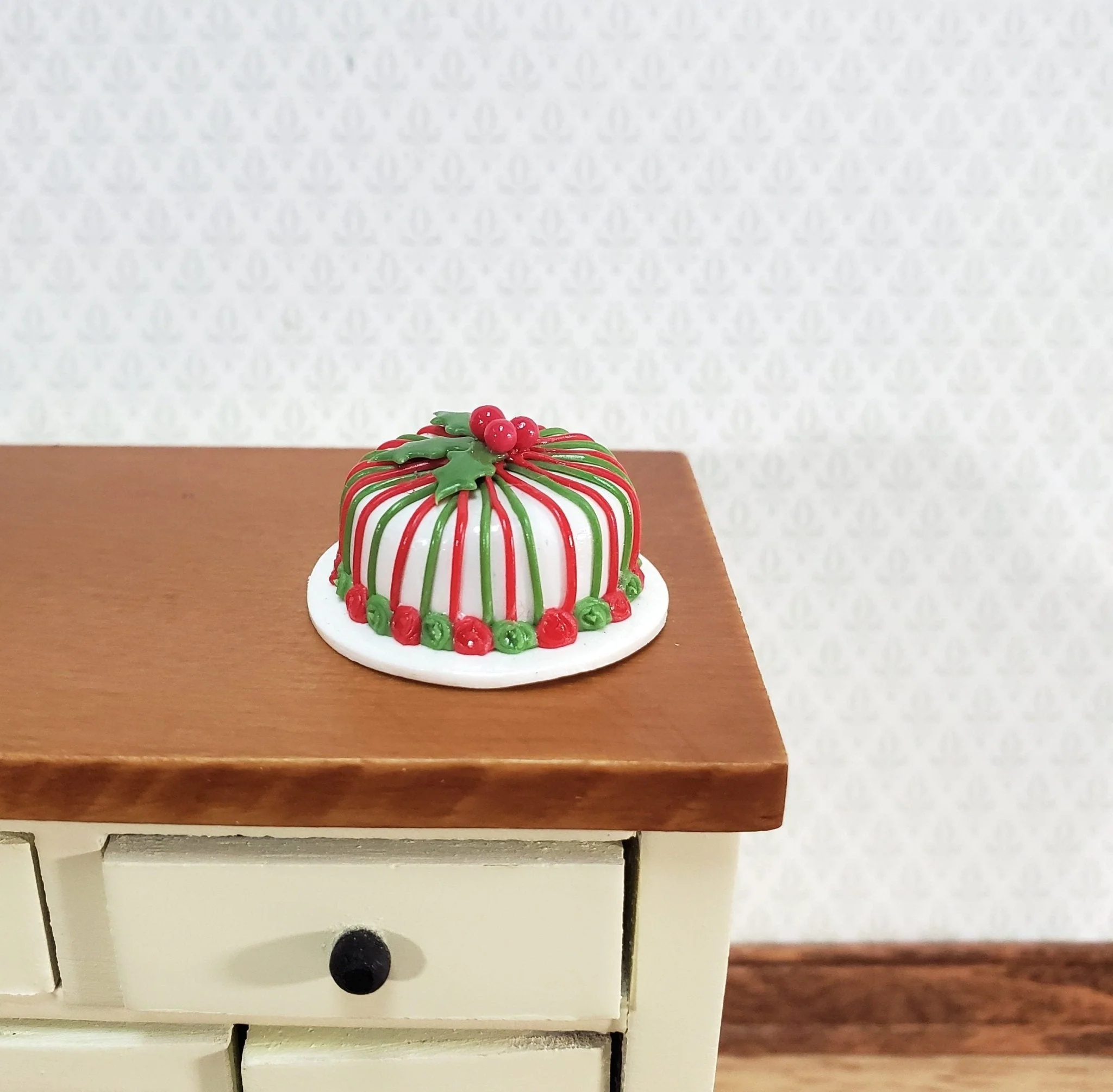 Dollhouse Cake Christmas Striped with Holly 1:12 Scale Miniature Food Dessert - Image 2