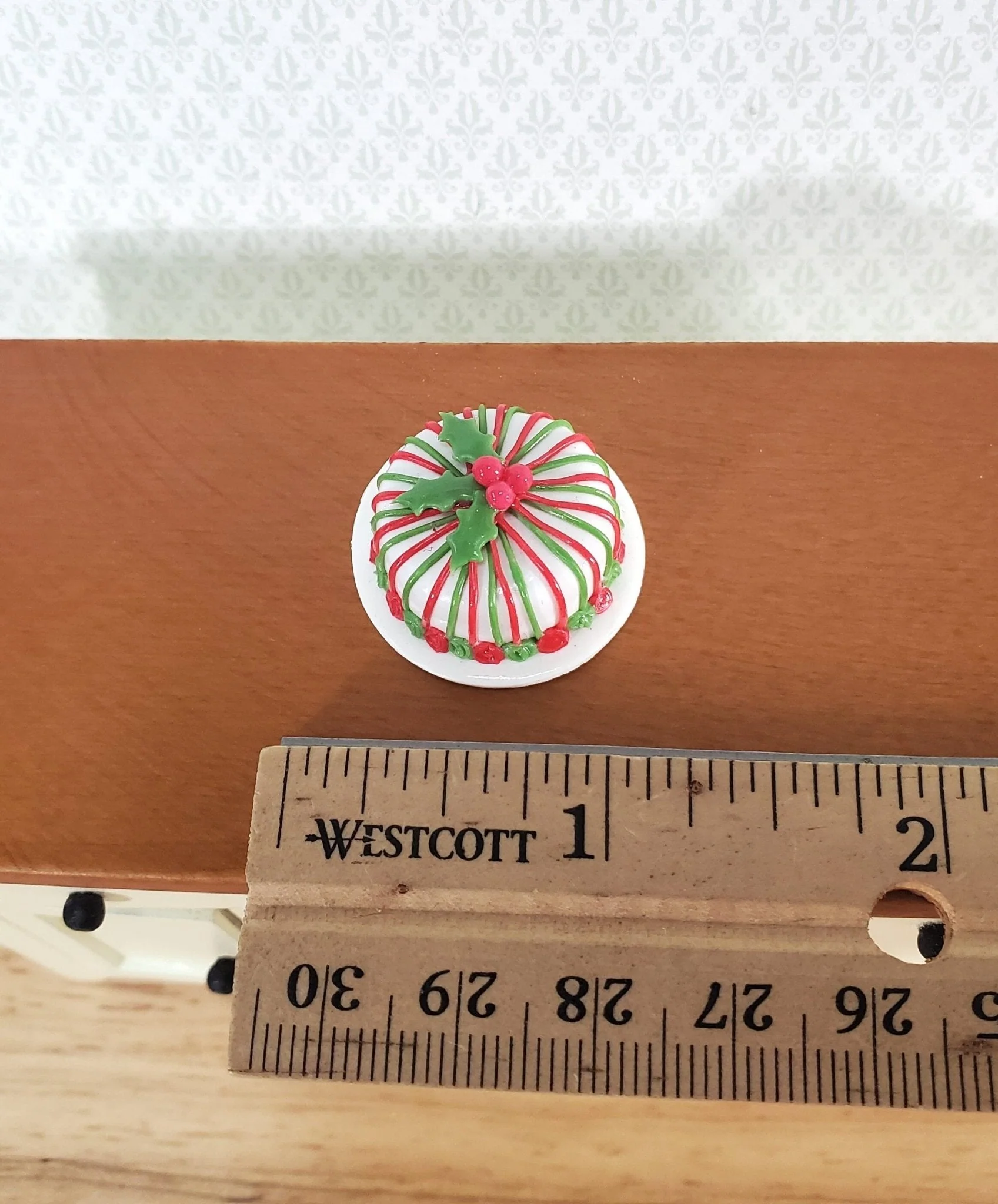 Dollhouse Cake Christmas Striped with Holly 1:12 Scale Miniature Food Dessert - Image 3