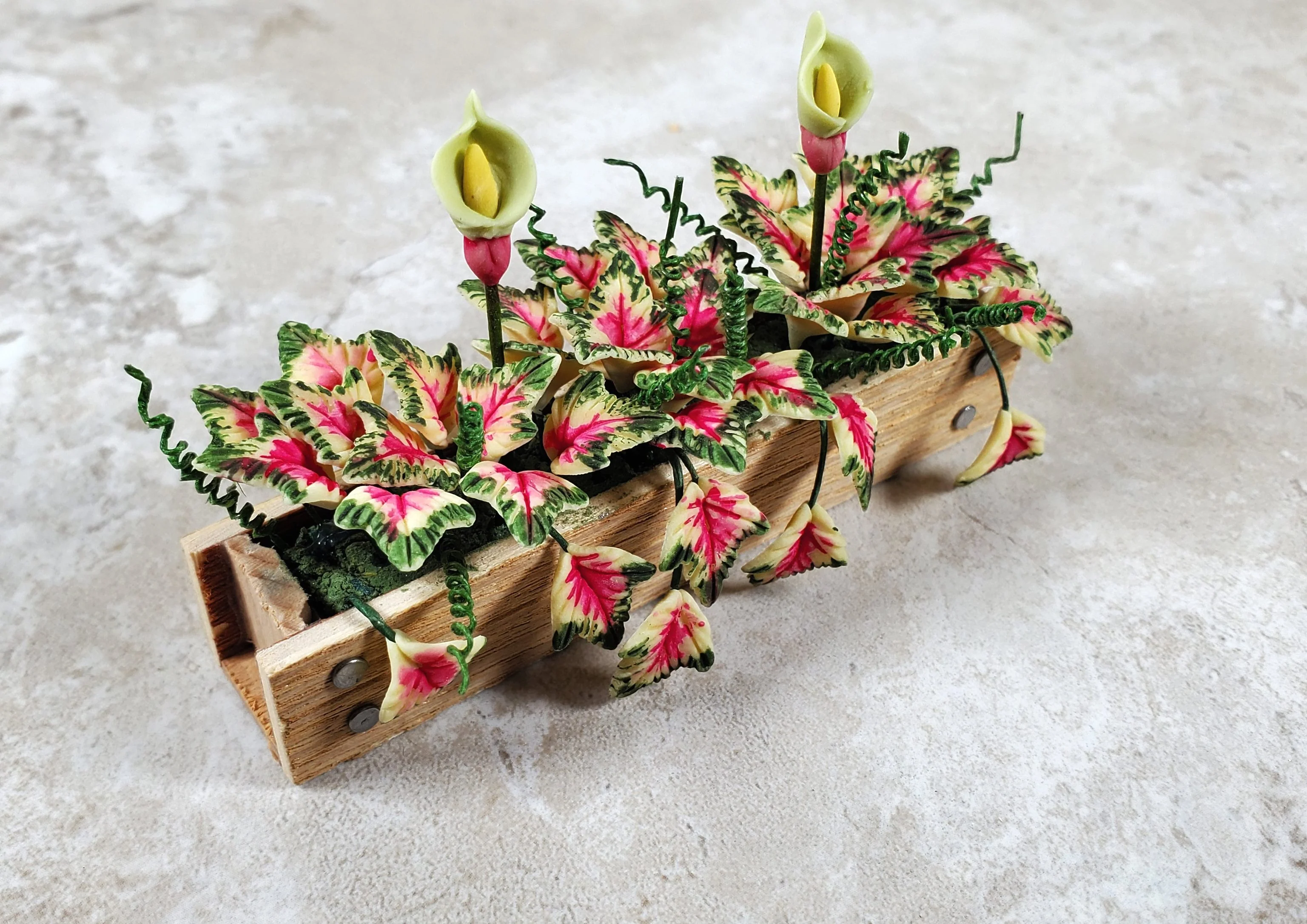 Dollhouse Caladiums in a 3.25" Wooden Window Box Planter 1:12 Scale Miniature - Image 2