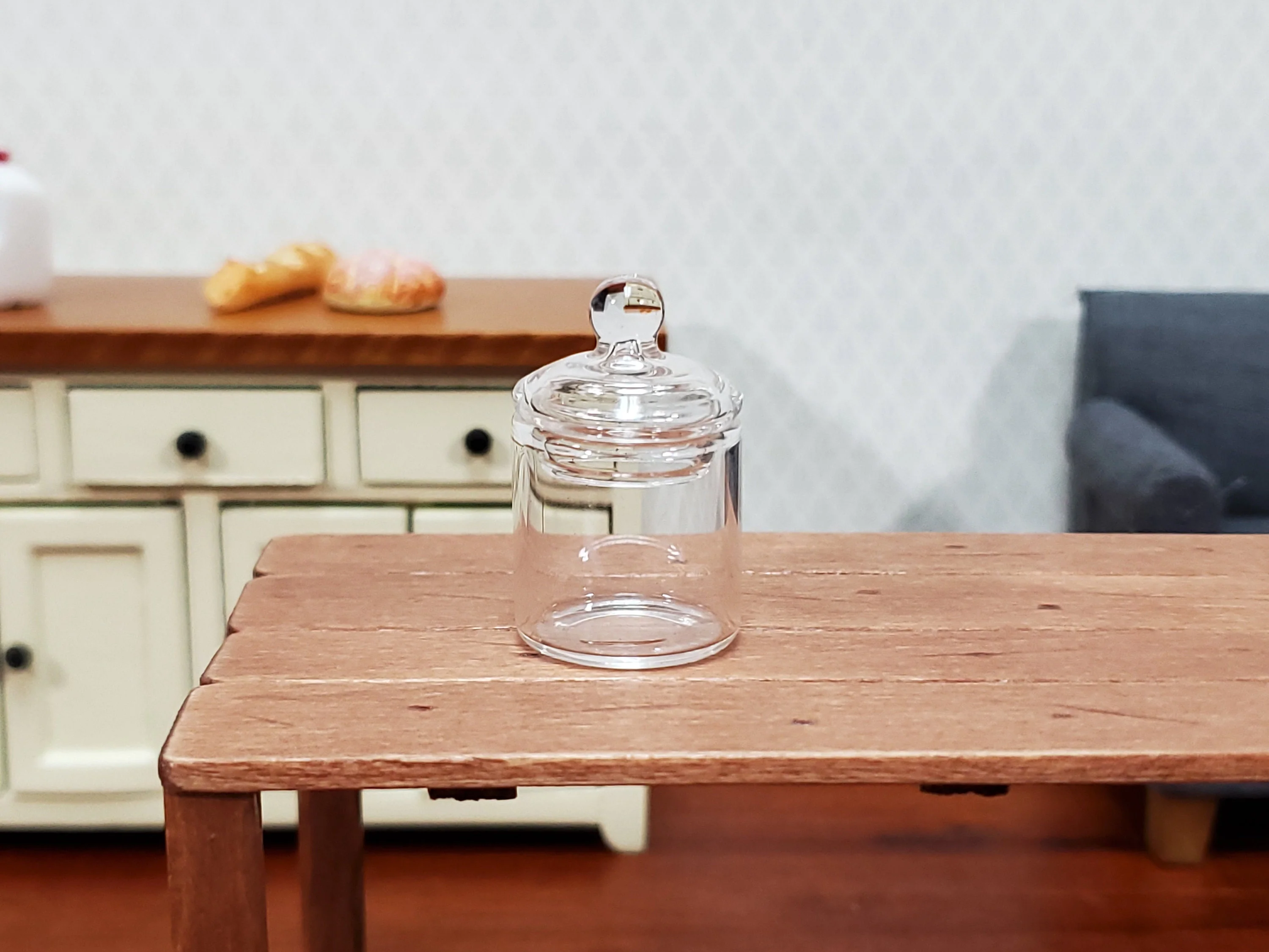 Dollhouse Candy Jar Empty Glass with Lid Short Wide for Miniature Shop or Kitchen