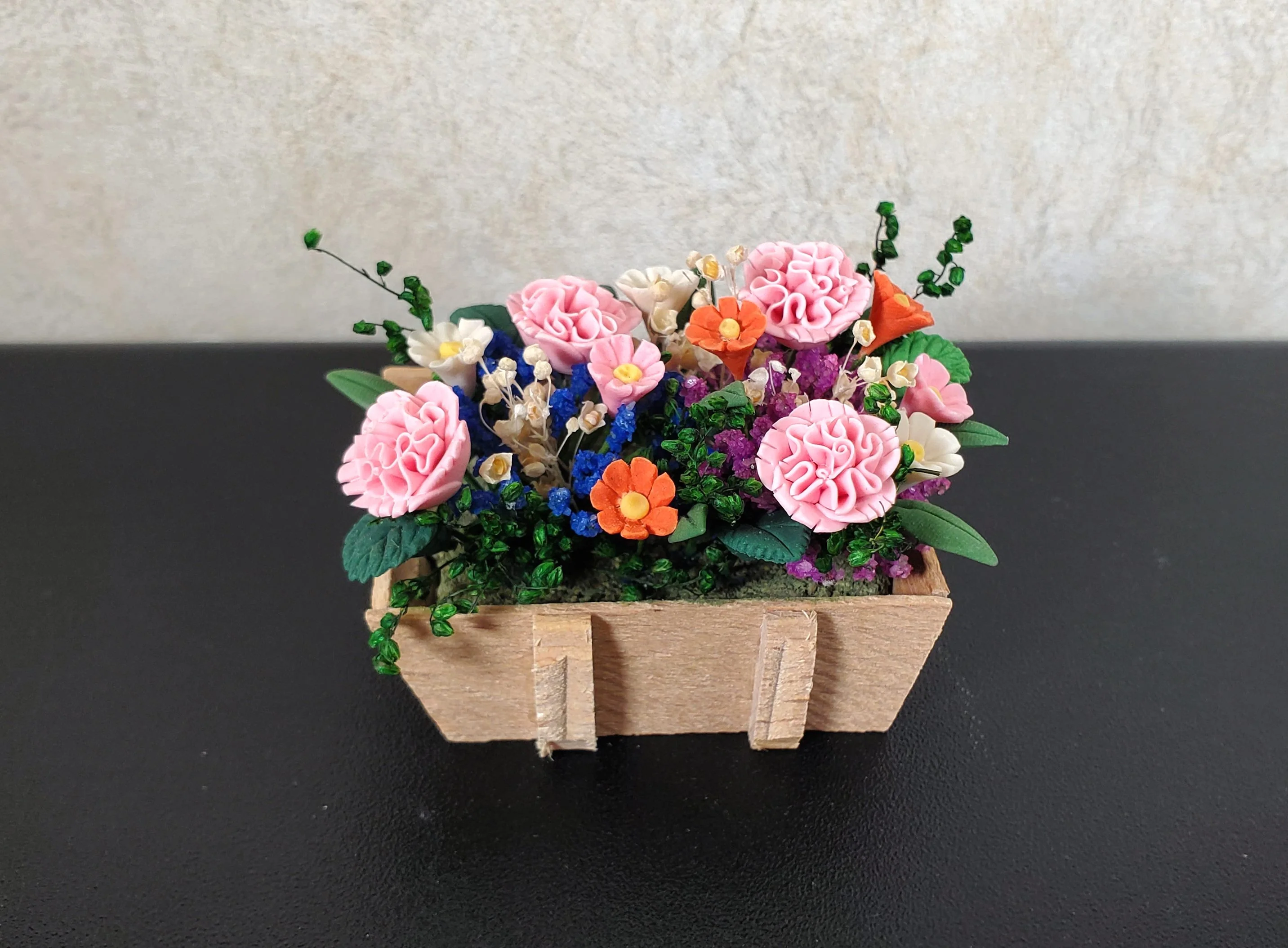 Dollhouse Carnations and Assorted Flowers in Rustic Planter 1:12 Scale Miniature - Image 2