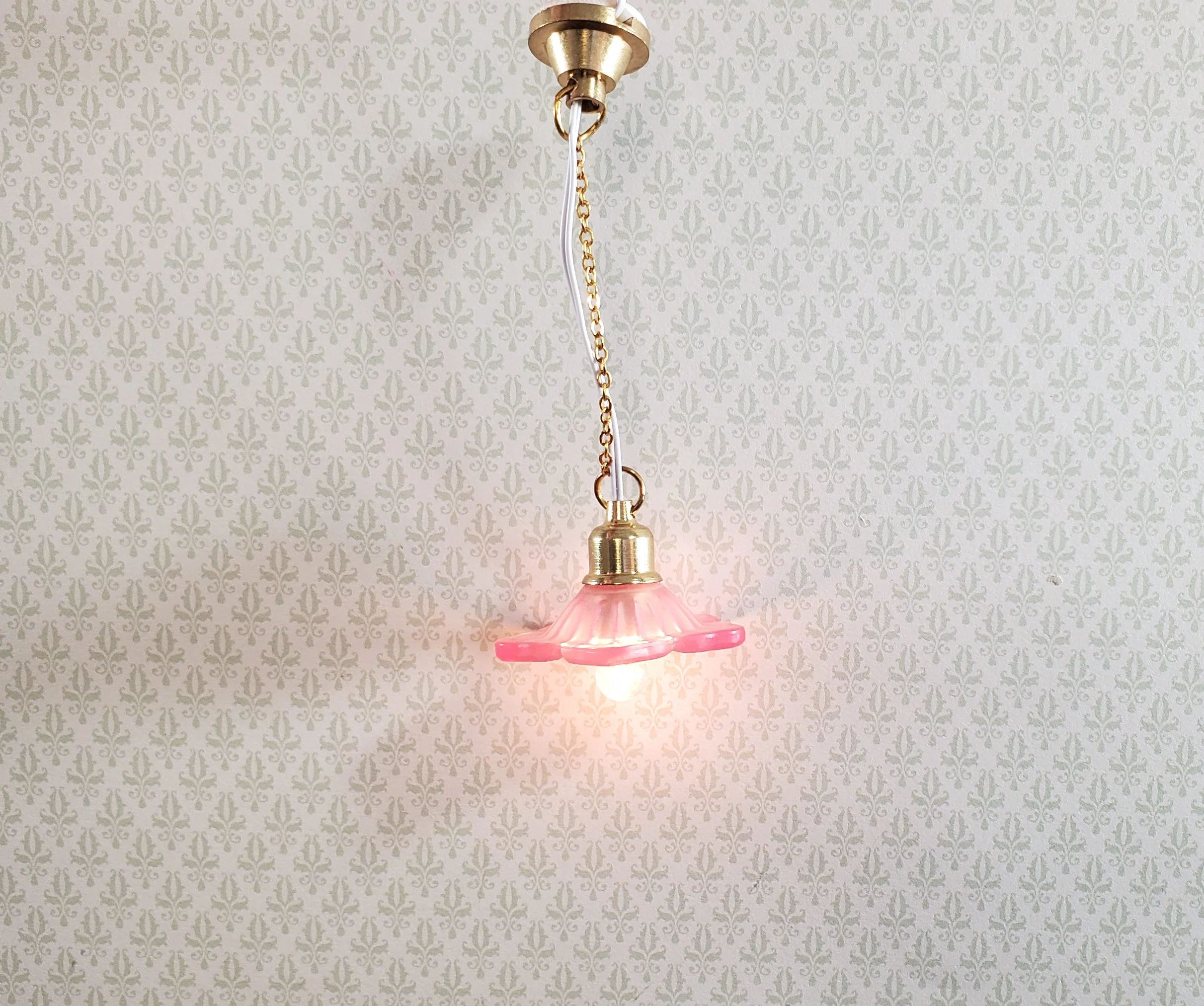 Dollhouse Ceiling Light Frosted Flower Shade PINK 1:12 Scale 12 Volt with Plug - Image 3