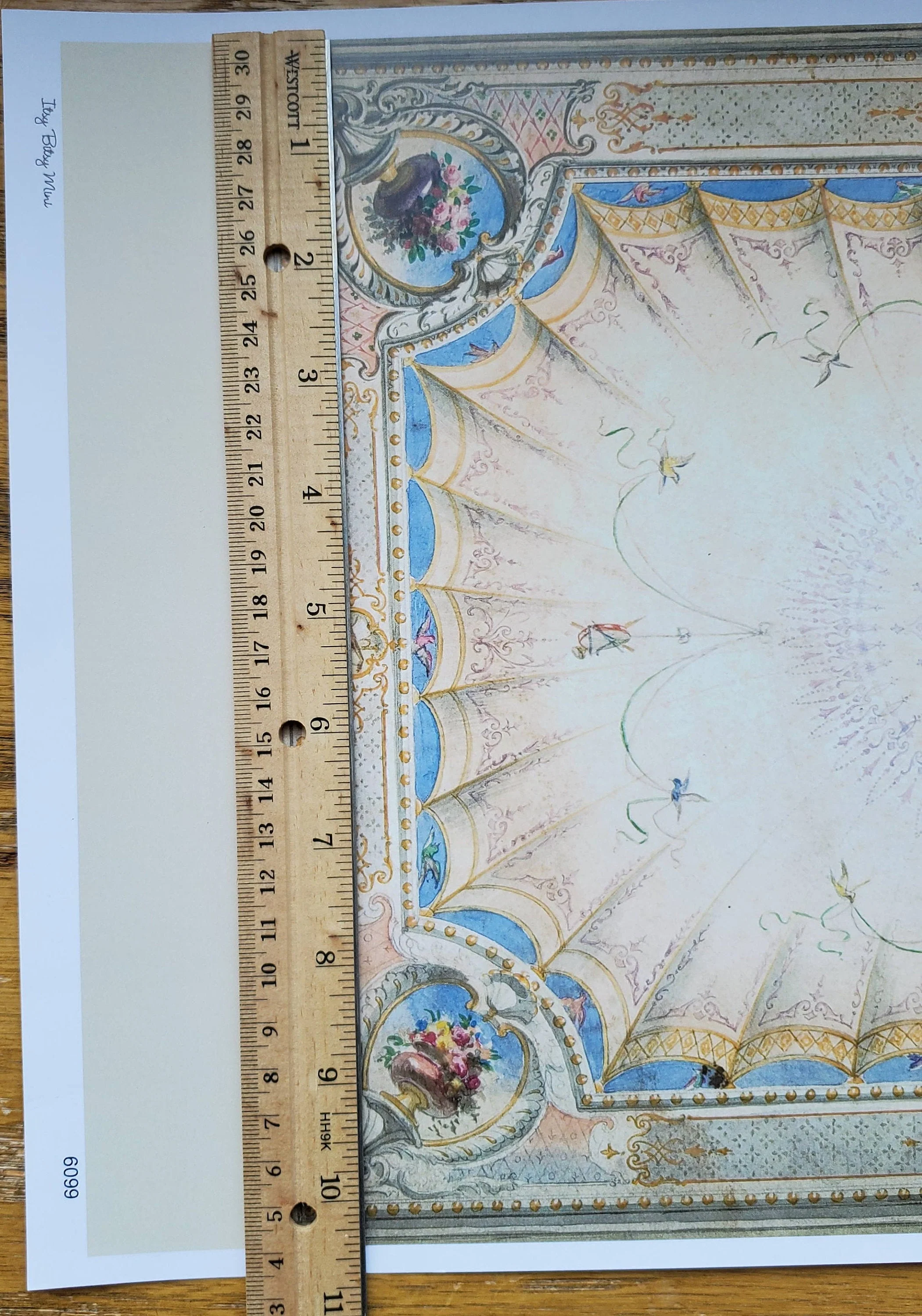 Dollhouse Ceiling Mural Wallpaper Painted Style Cream Blue Floral 1:12 Scale Itsy Bitsy - Image 3