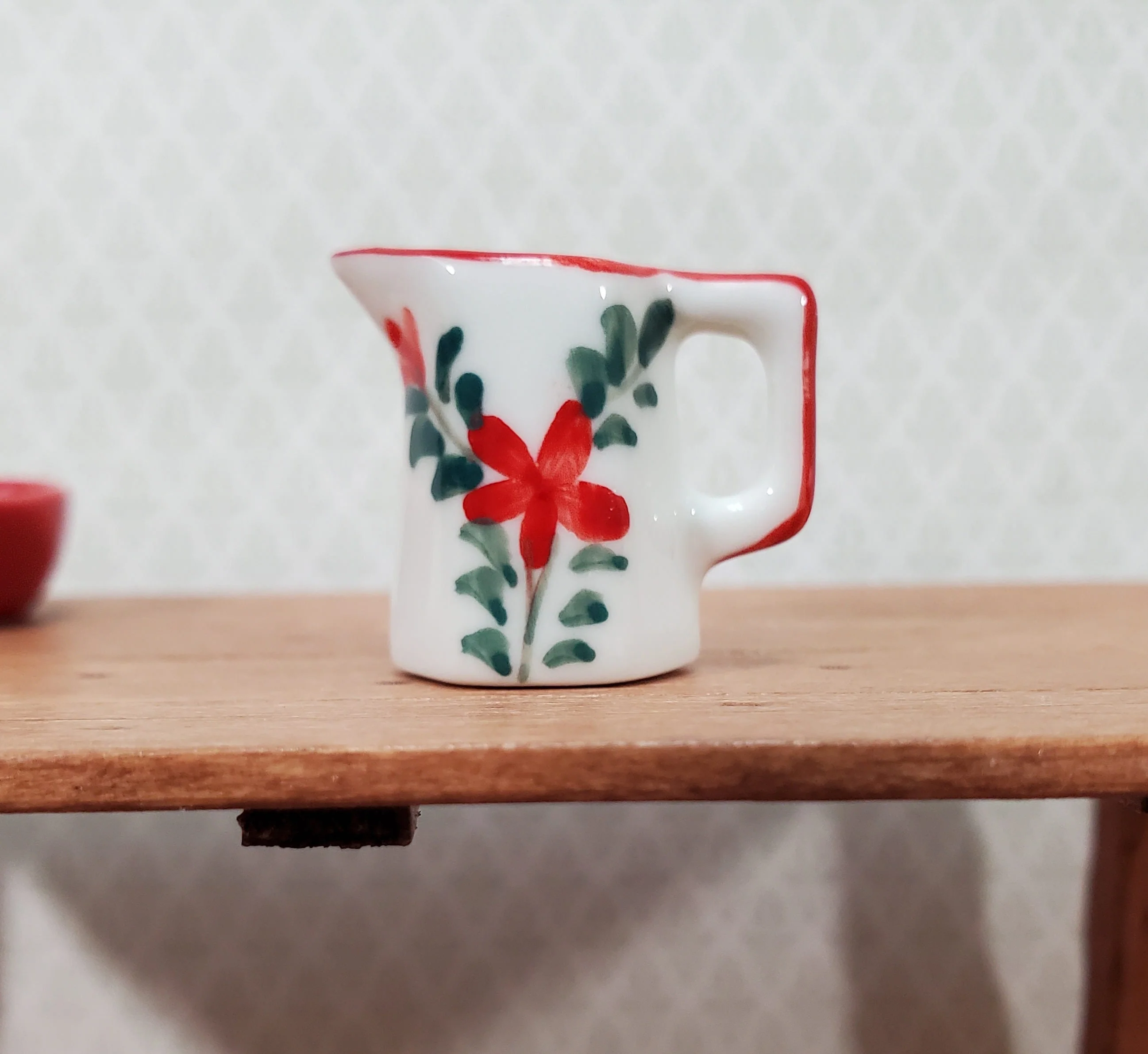 Dollhouse Ceramic Pitcher White Green Red Floral Design with Handle 1:12 Scale