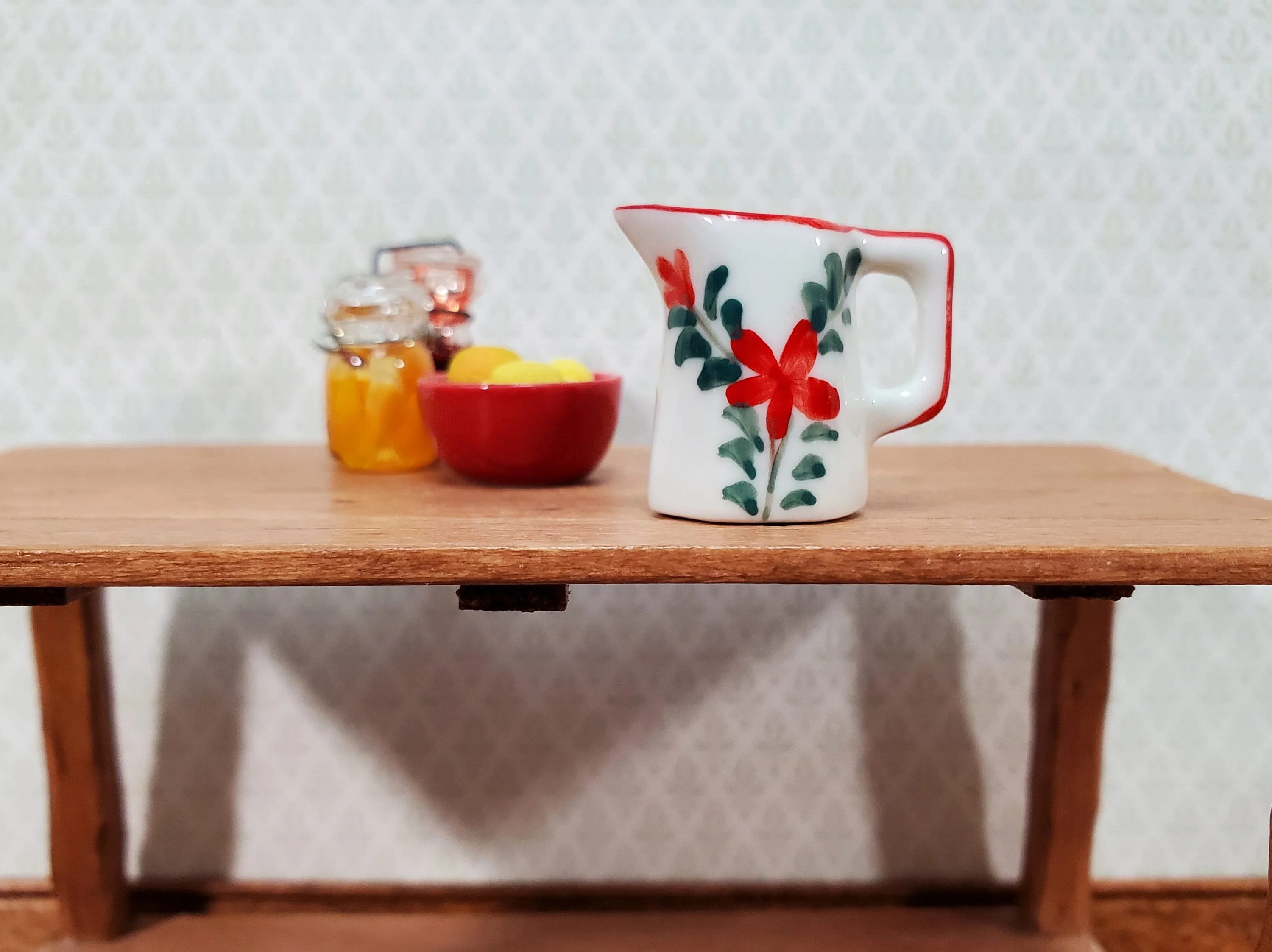 Dollhouse Ceramic Pitcher White Green Red Floral Design with Handle 1:12 Scale - Image 2