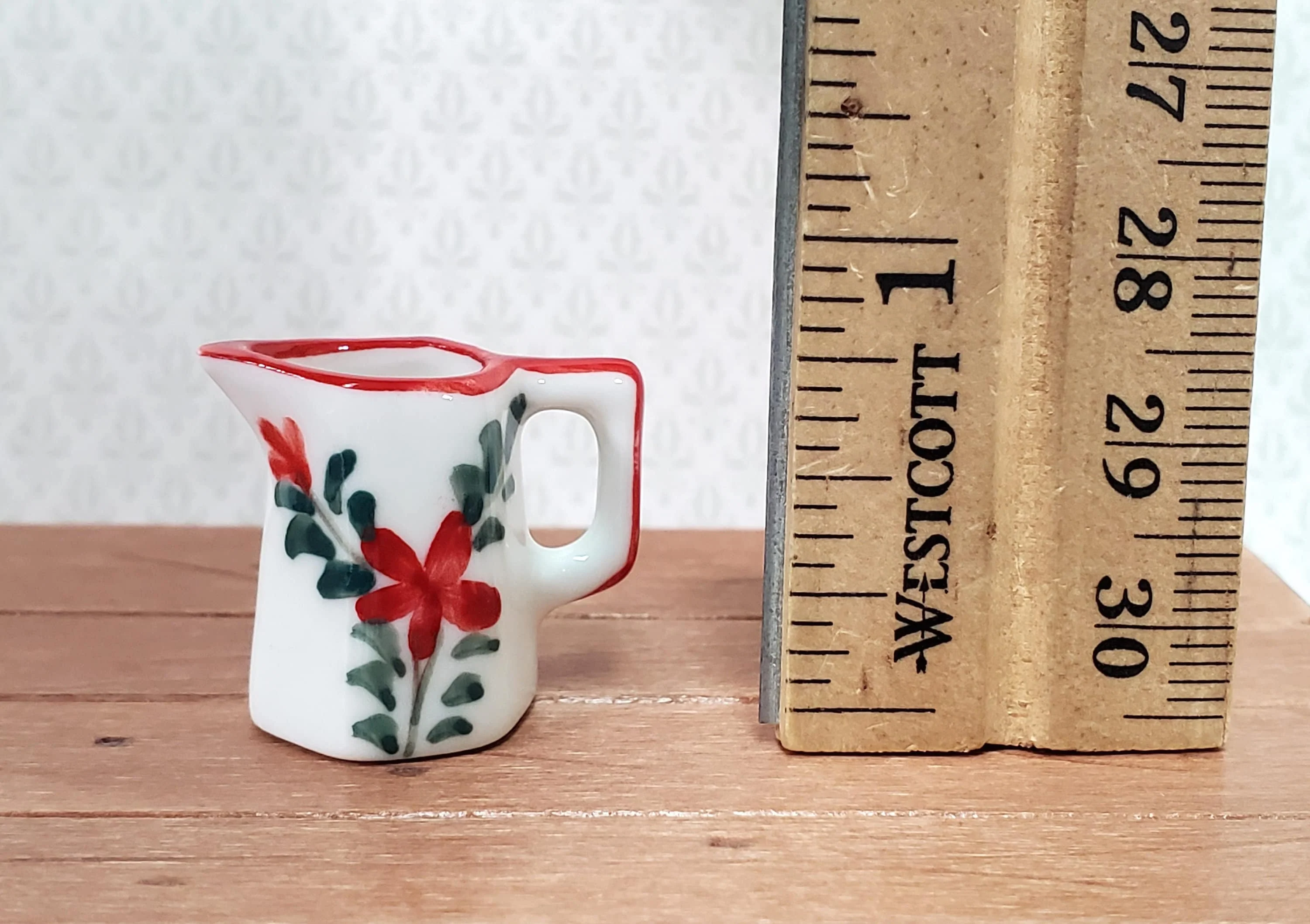 Dollhouse Ceramic Pitcher White Green Red Floral Design with Handle 1:12 Scale - Image 4