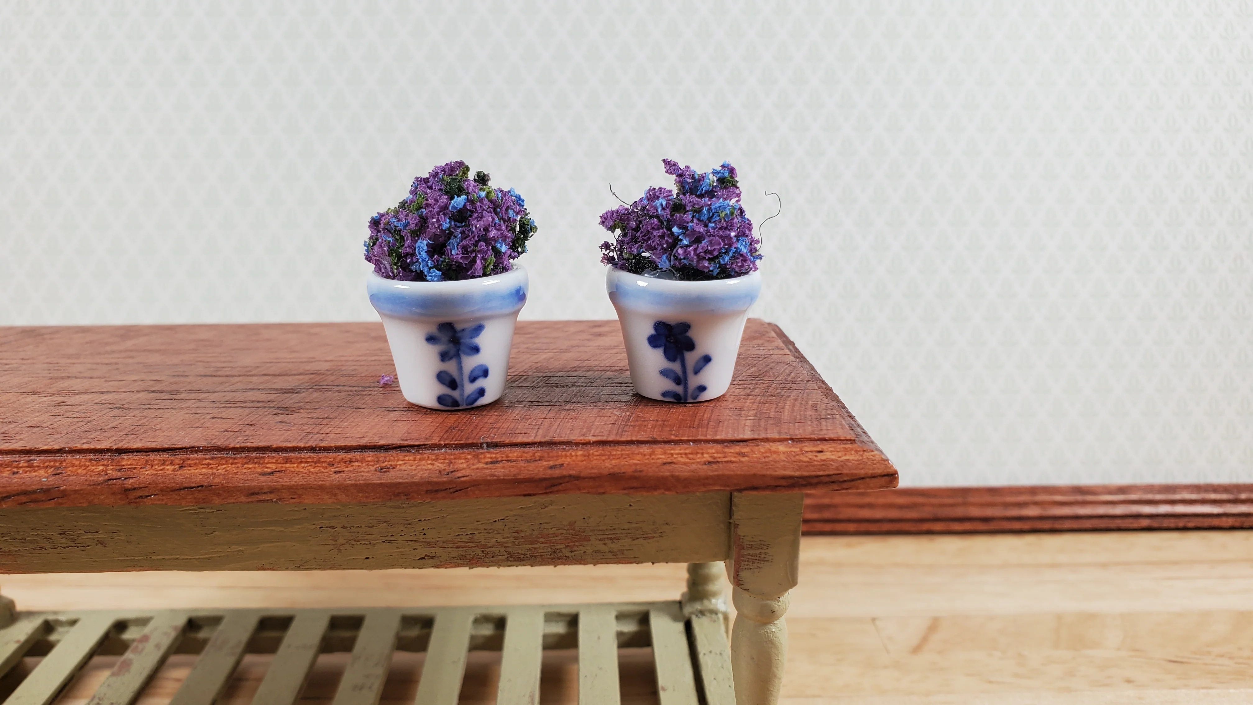 Dollhouse Cermaic Planter Blue & White Set of 2 Small 1:12 Scale Miniature - Image 3