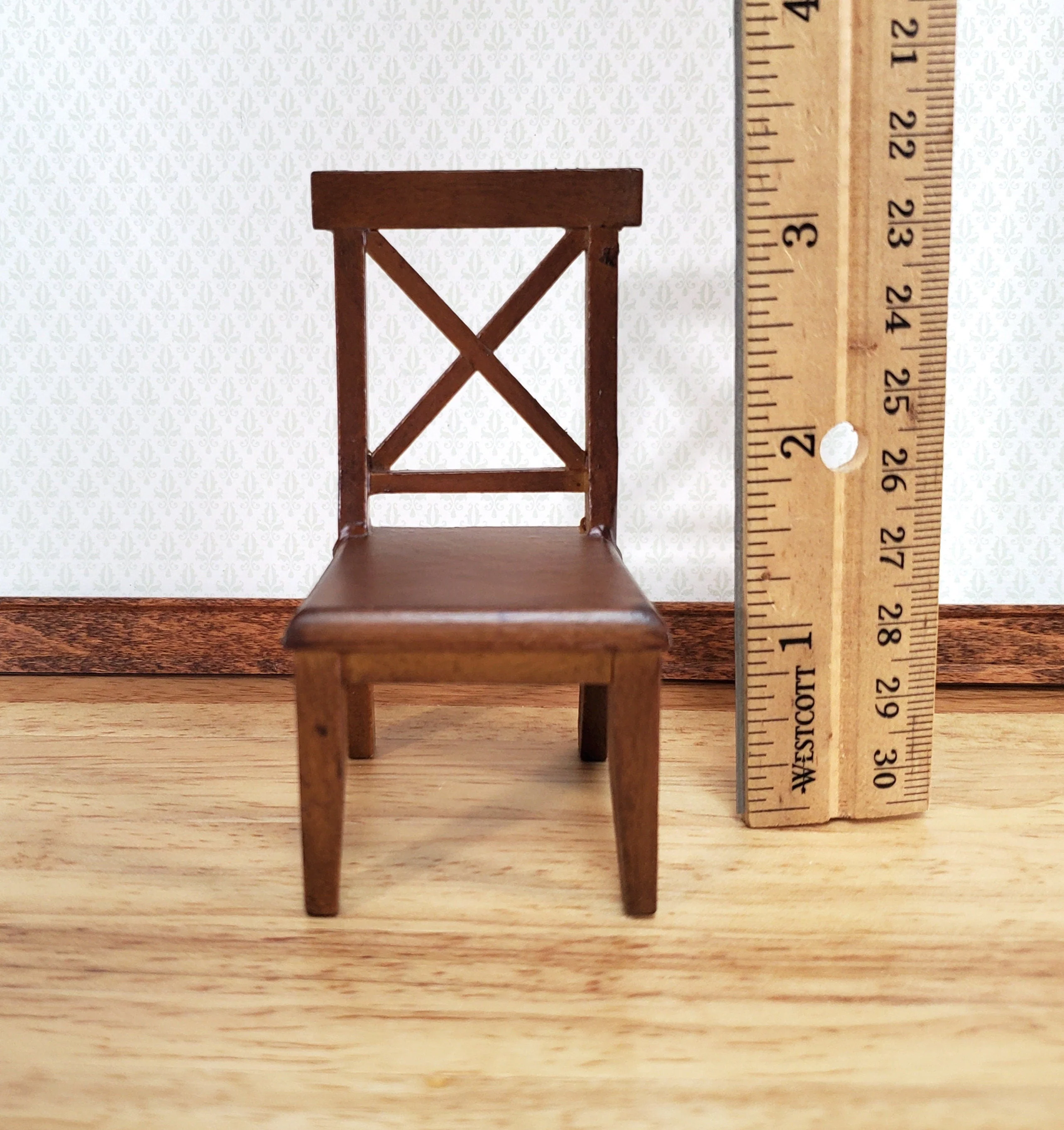 Dollhouse Chair Kitchen Dining Cross Buck Walnut Finish Wood 1:12 Scale Miniature Furniture - Image 4