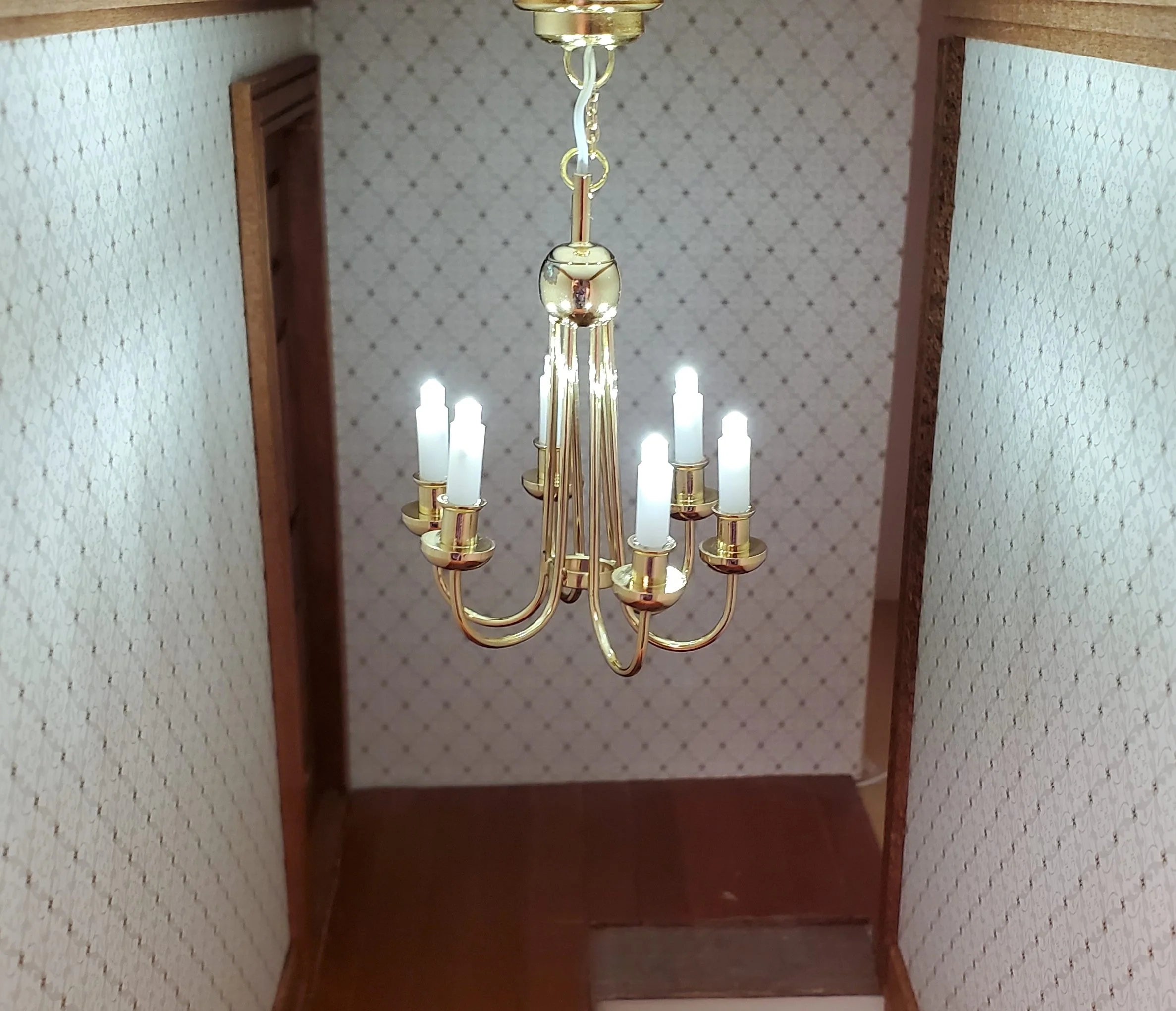 Dollhouse Chandelier LED Battery Operated Gold 6 Arm Light 1:12 Scale Miniature - Image 2