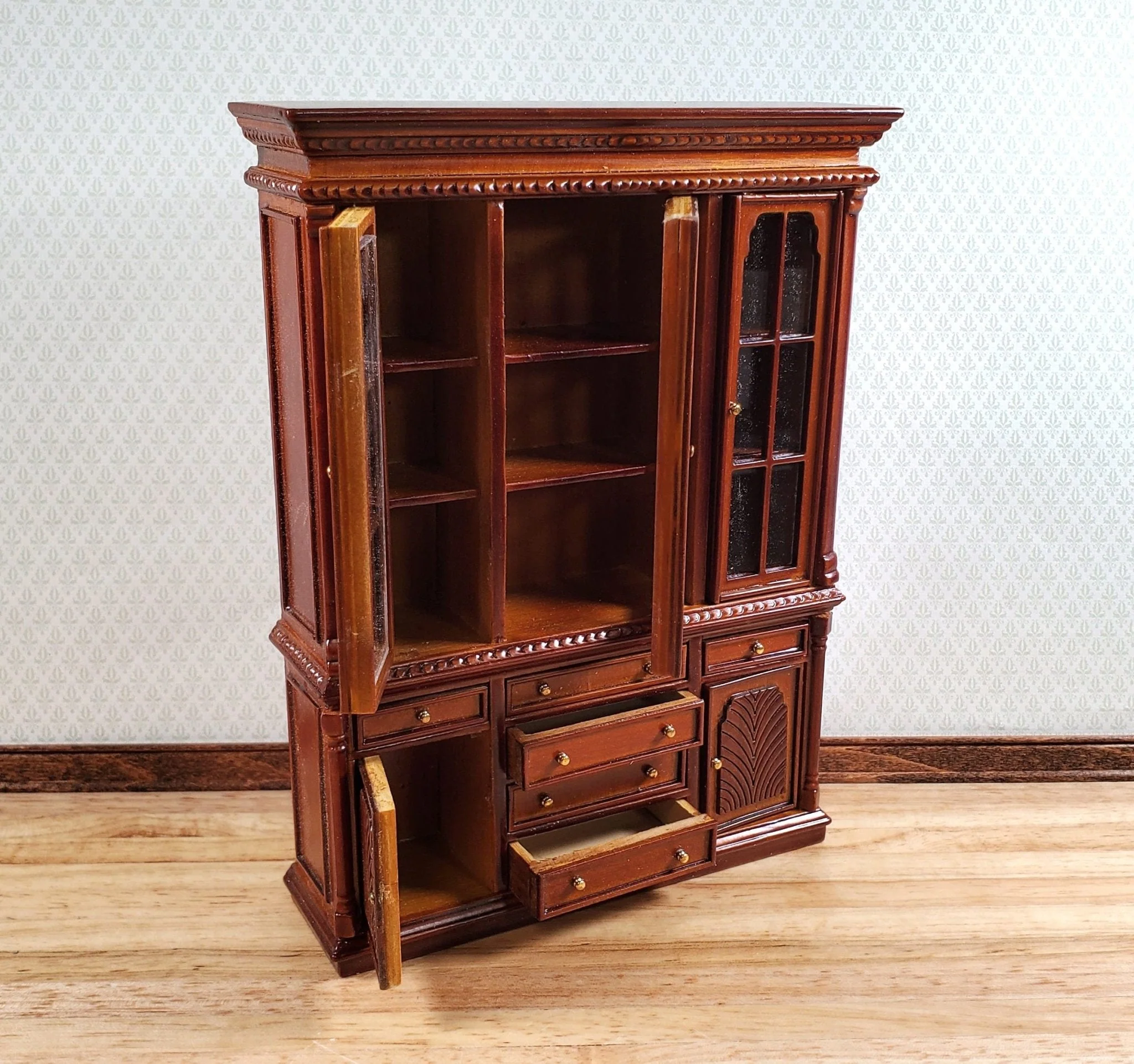 Dollhouse China Cabinet Display Hutch Walnut 1:12 Scale Miniature Furniture - Image 3