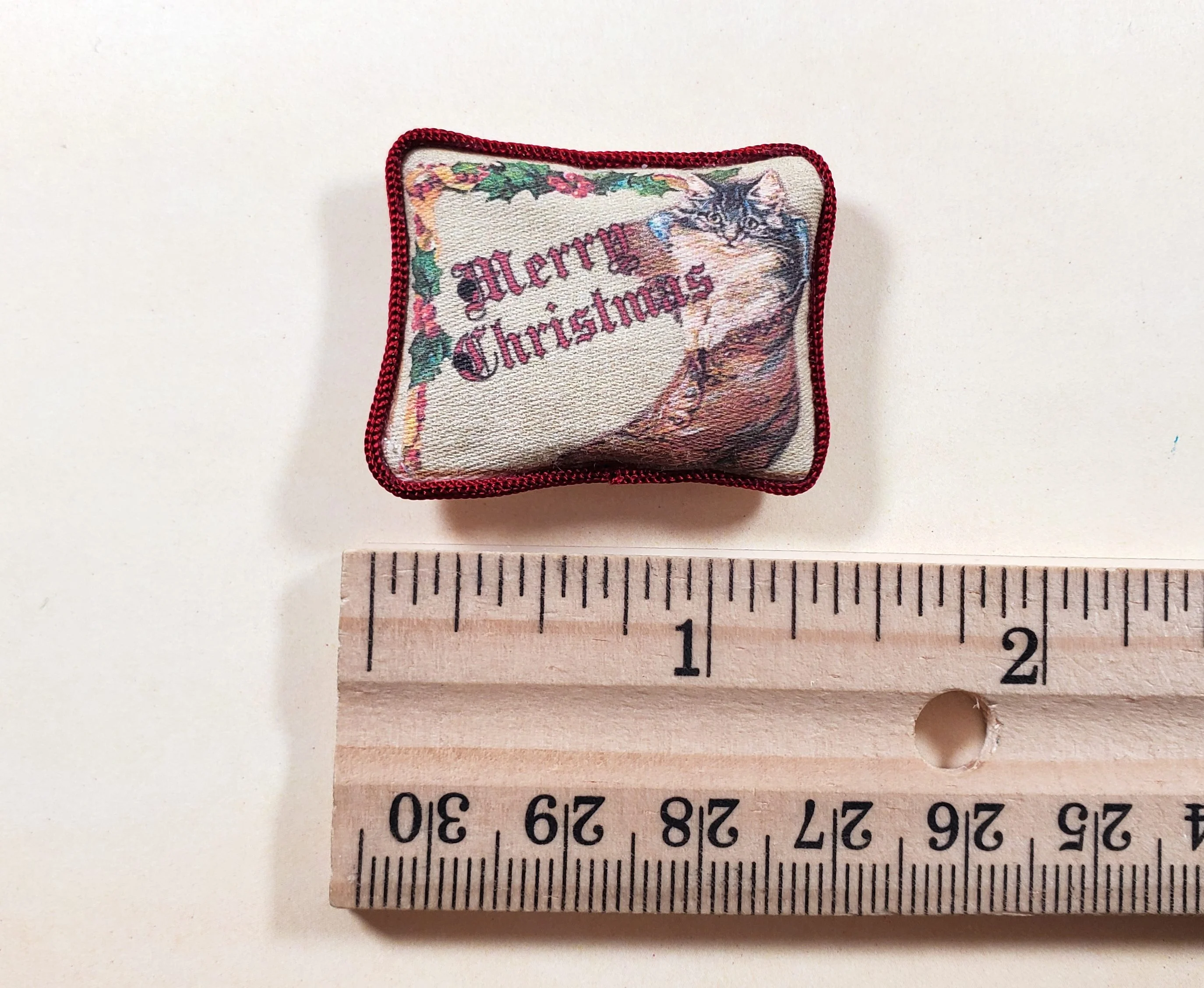 Dollhouse Christmas Cat Vintage Style Pillow Handmade 1:12 Scale Miniature - Image 3