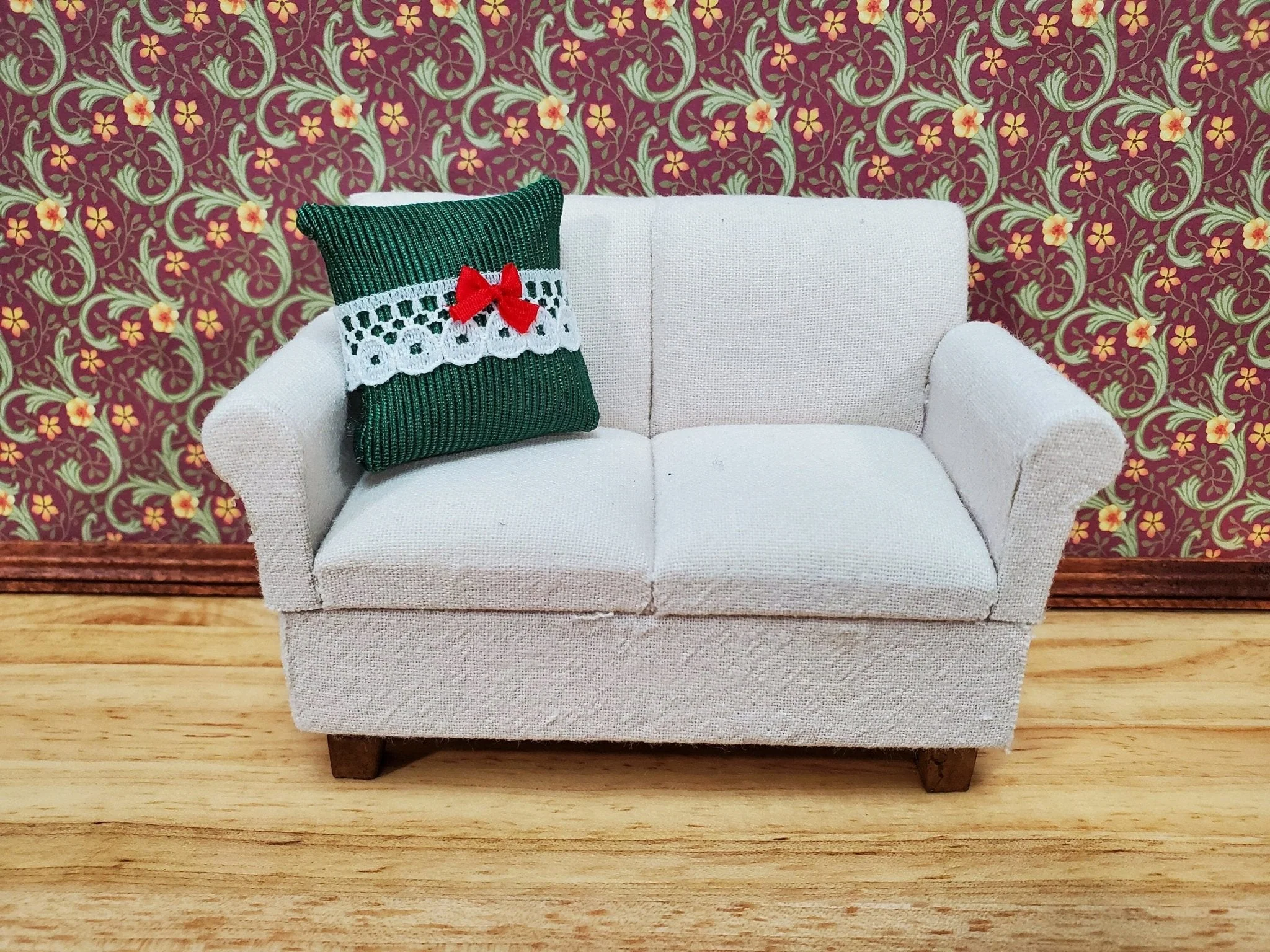 Dollhouse Christmas Pillow Green Lace Red Bow Handmade 1:12 Scale Miniature - Image 3