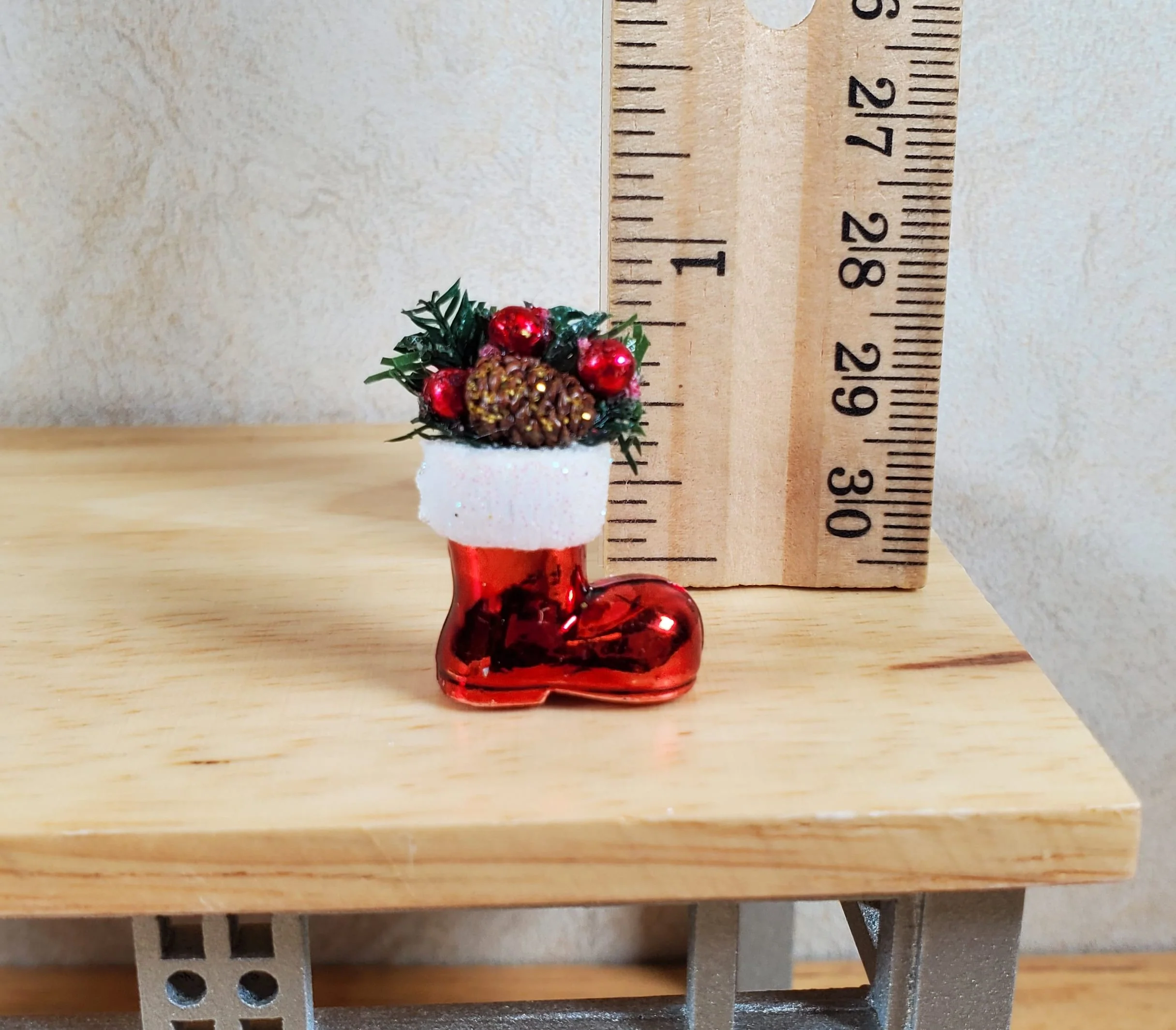 Dollhouse Christmas Santa's Boot Filled with Pine Cones & Ornaments 1:12 Scale - Image 3