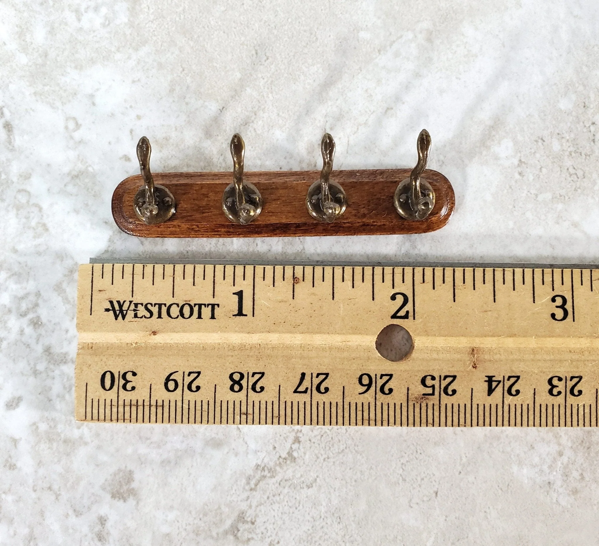 Dollhouse Coat Hooks Wall Rack Wood and Metal 1:12 Scale Miniature Antique Brass Finish - Image 2