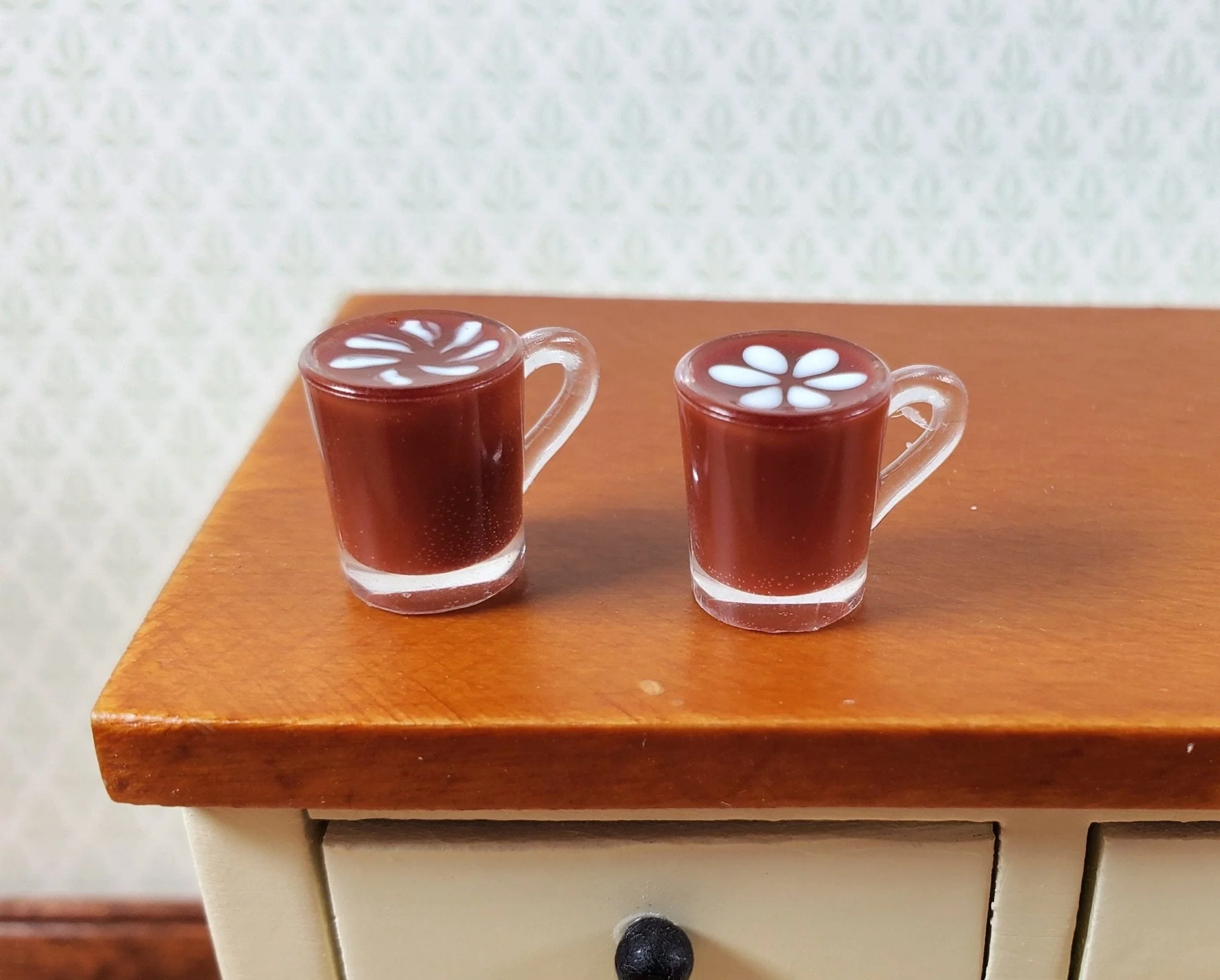 Dollhouse Coffee Lattes Mug Cup x2 with Fancy Swirls 1:12 Scale Miniature Food