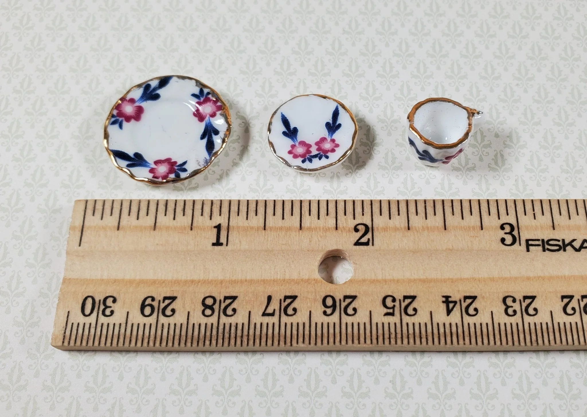 Dollhouse Coffee Set Dinner Plates Pink Daisy Ceramic 1:12 Scale Miniature - Image 4