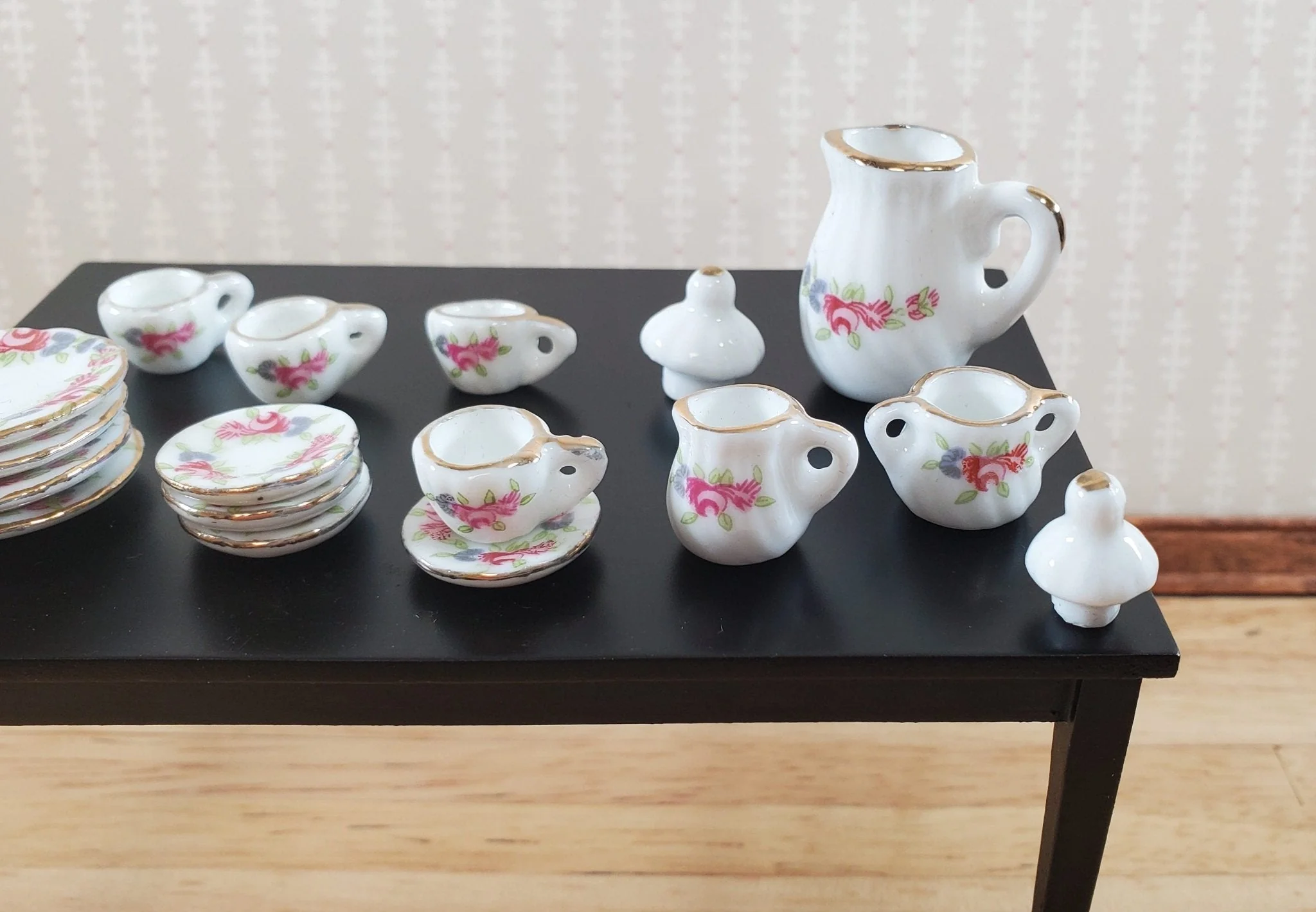 Dollhouse Coffee Set Dinner Plates Pink Roses Ceramic 1:12 Scale Miniature - Image 2