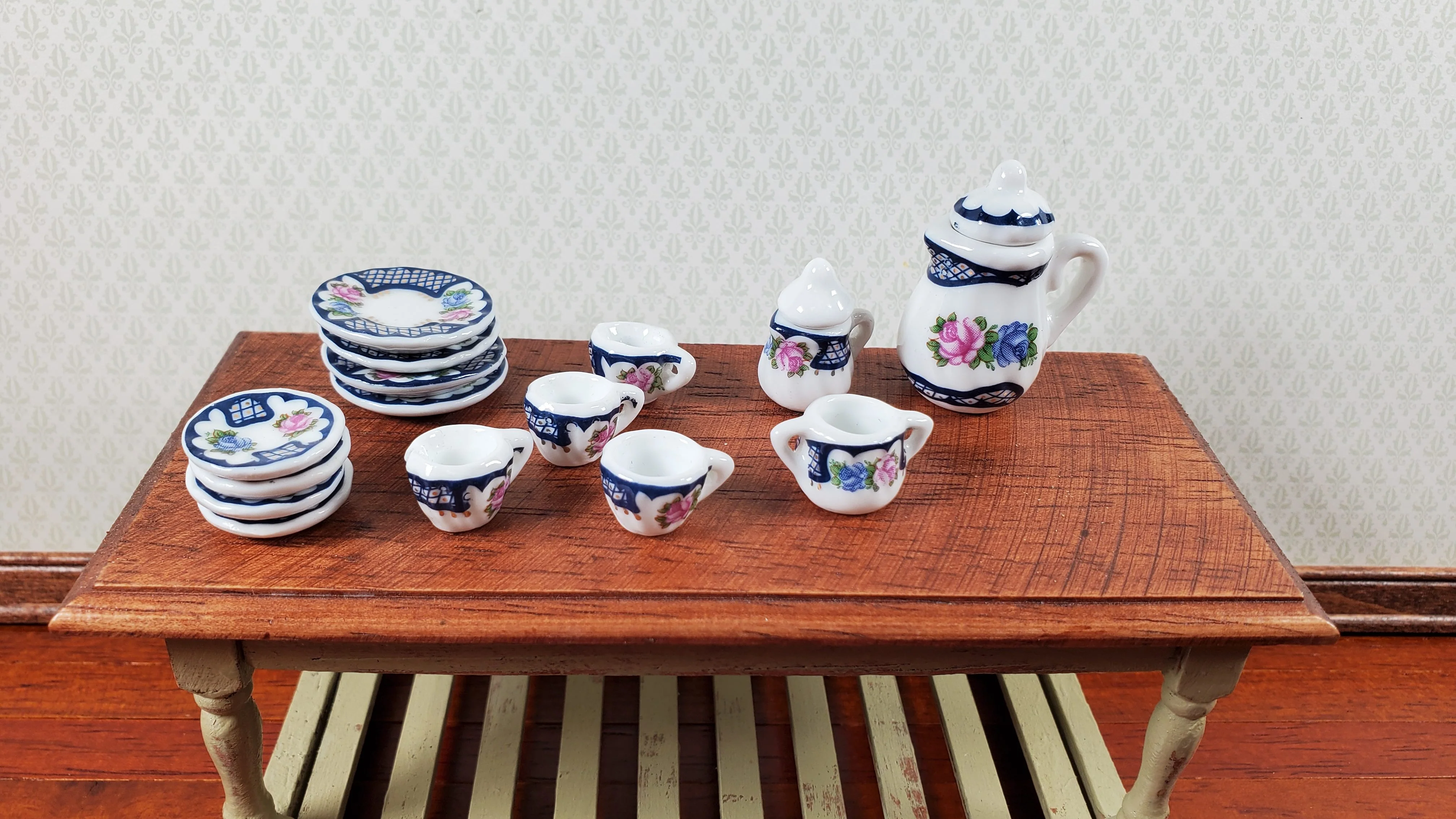 Dollhouse Coffee Set with Plates Blue Lace Design Ceramic 1:12 Scale Miniature - Image 2